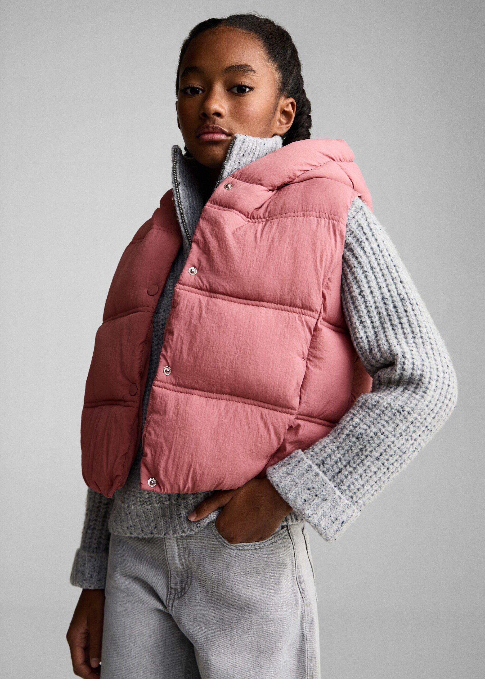 Quilted gilet with hood - Medium plane, Pink. Ref: 87062024-00.