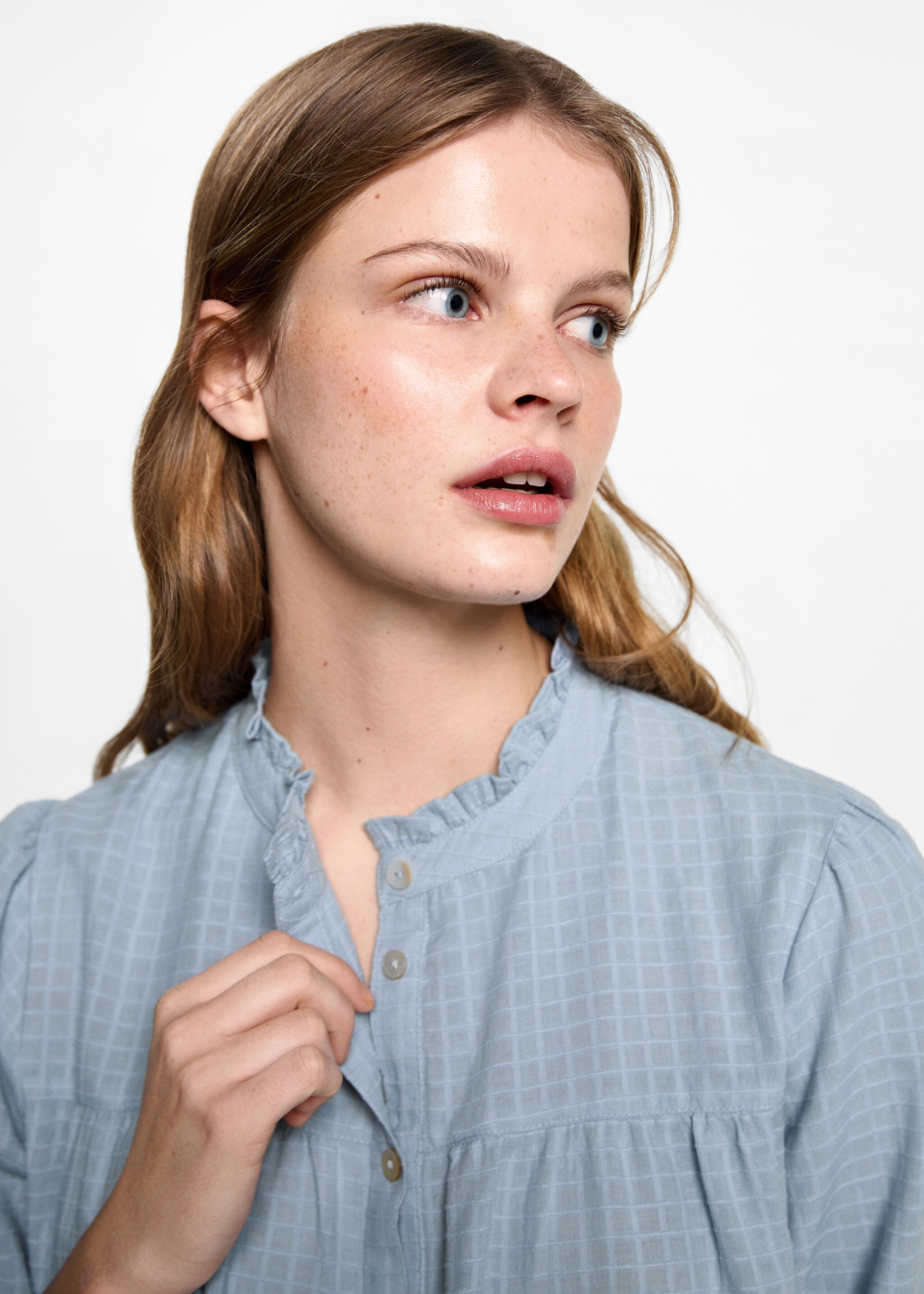 Textured check blouse - Details of the article 1, Sky Blue. Ref: 87062536-00.
