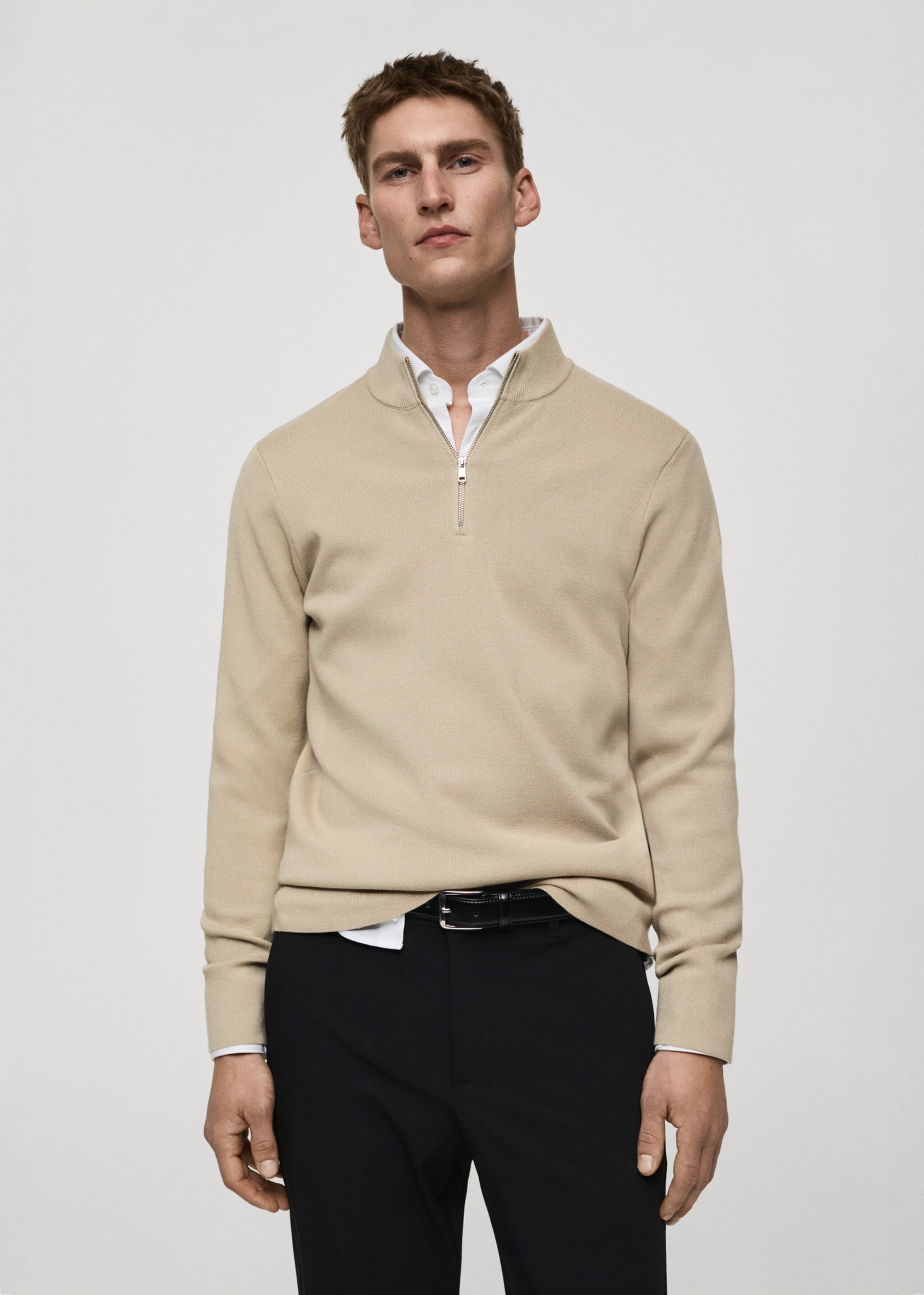 Perkins-neck sweater with zip - Medium plane, Beige. Ref: 87062890-00.