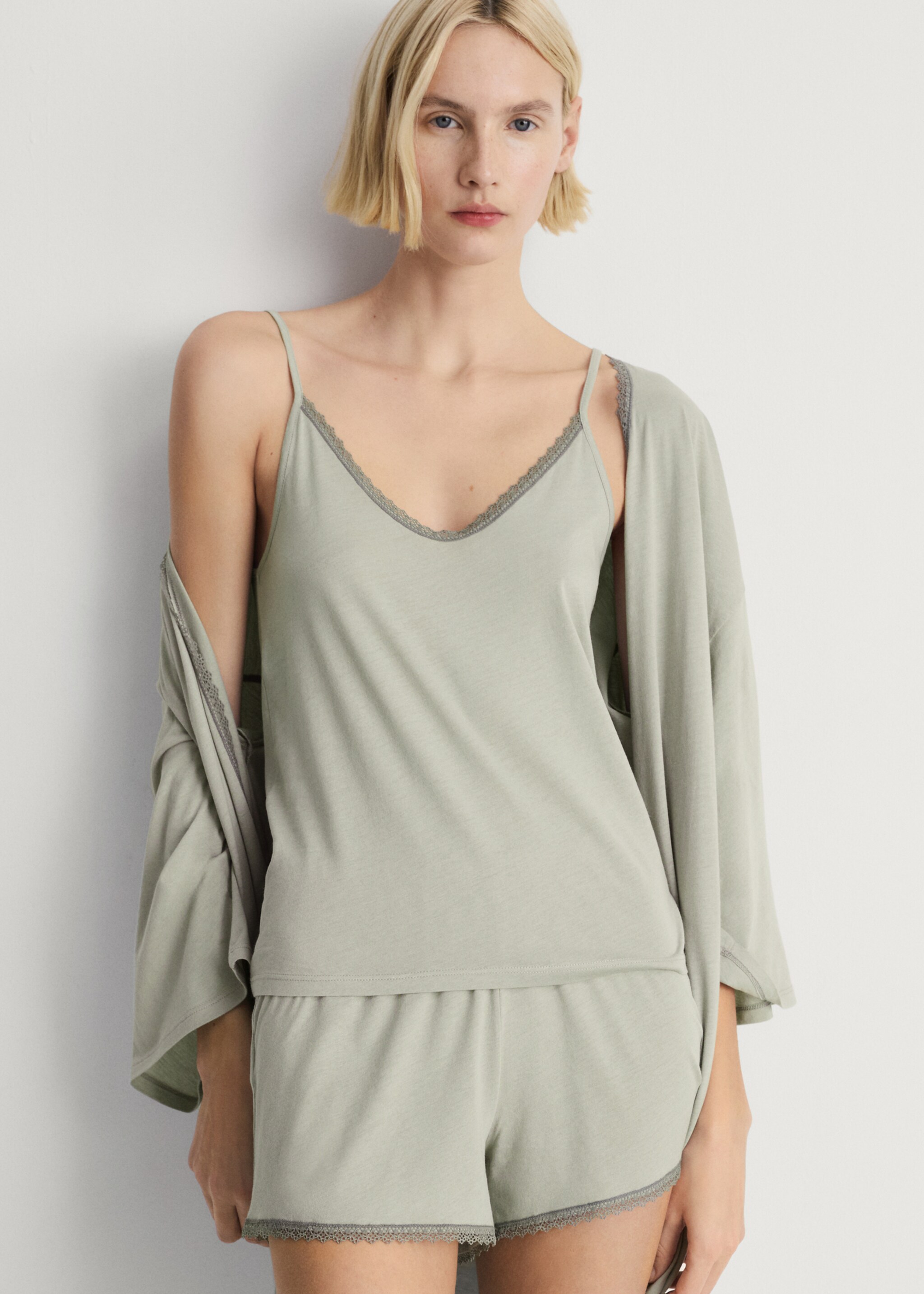 Cotton robe with contrasting lace - Details of the article 2, Aqua Green. Ref: 87062938-00.