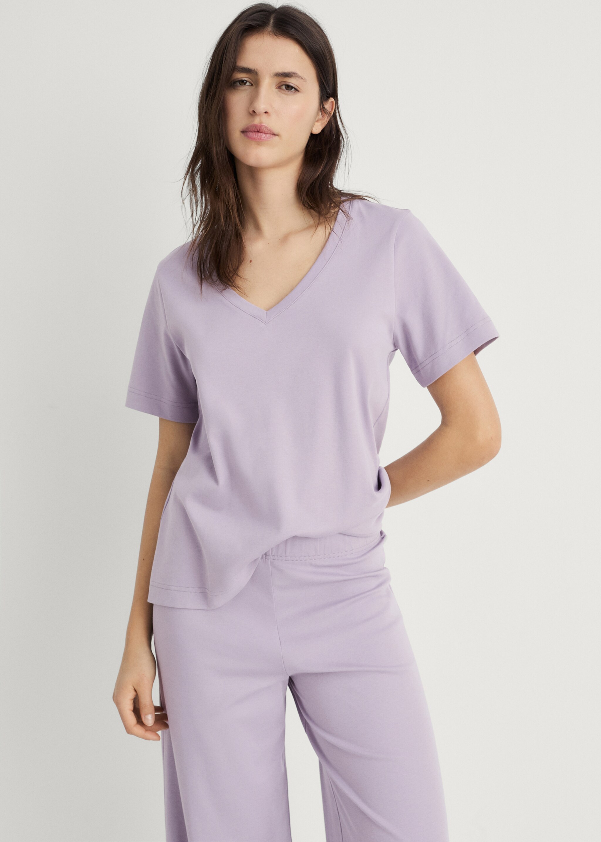 Plain V-neck cotton pyjama t-shirt - Medium plane, Lavender. Ref: 87064073-00.