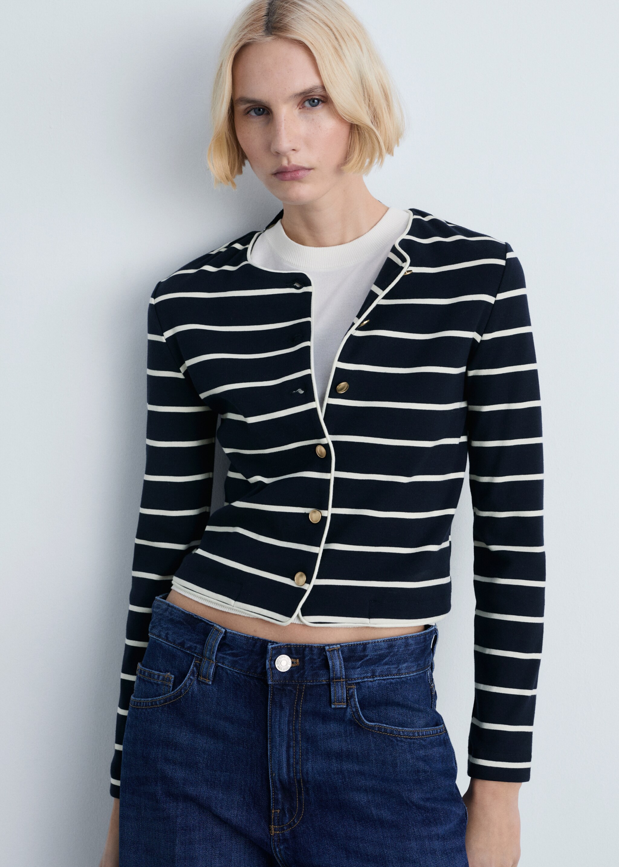 Stripped knit cardigan - Medium plane, Dark Navy. Ref: 87064079-00.