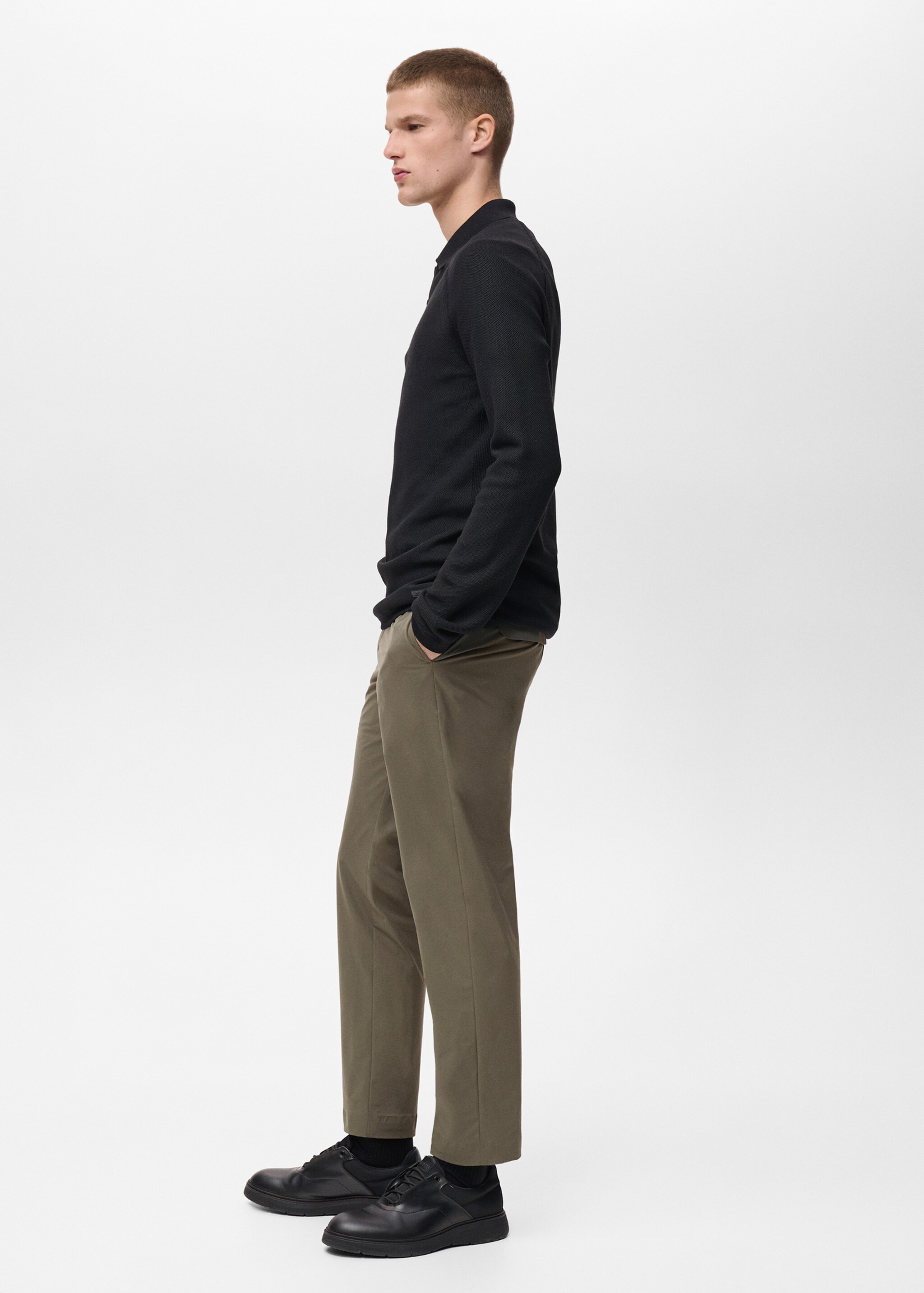 Stretch fabric slim-fit trousers with drawstring - Details of the article 2, Medium Green. Ref: 87064389-00.