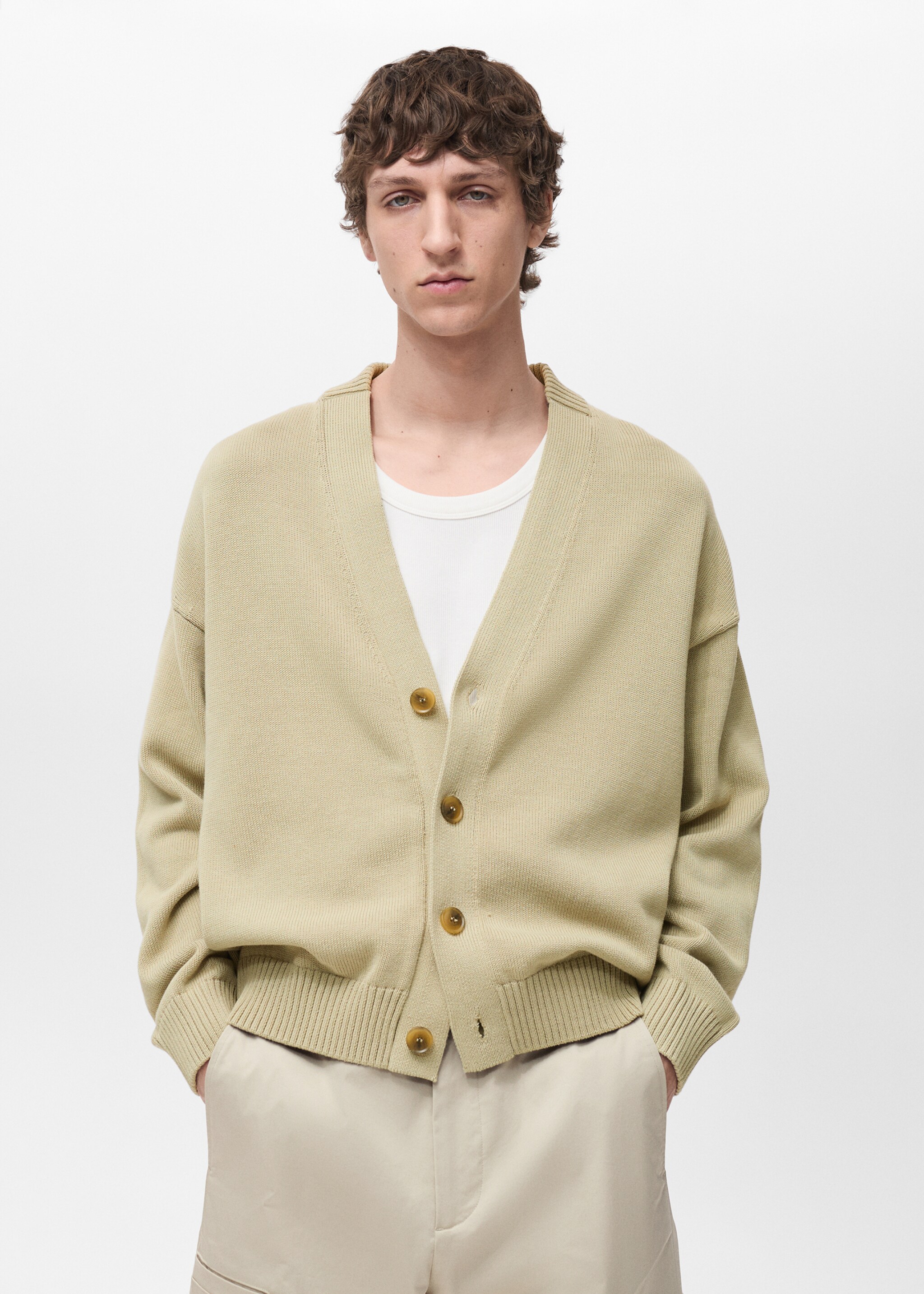 Knitted cotton cardigan with buttons - Medium plane, Pastel Green. Ref: 87064411-00.