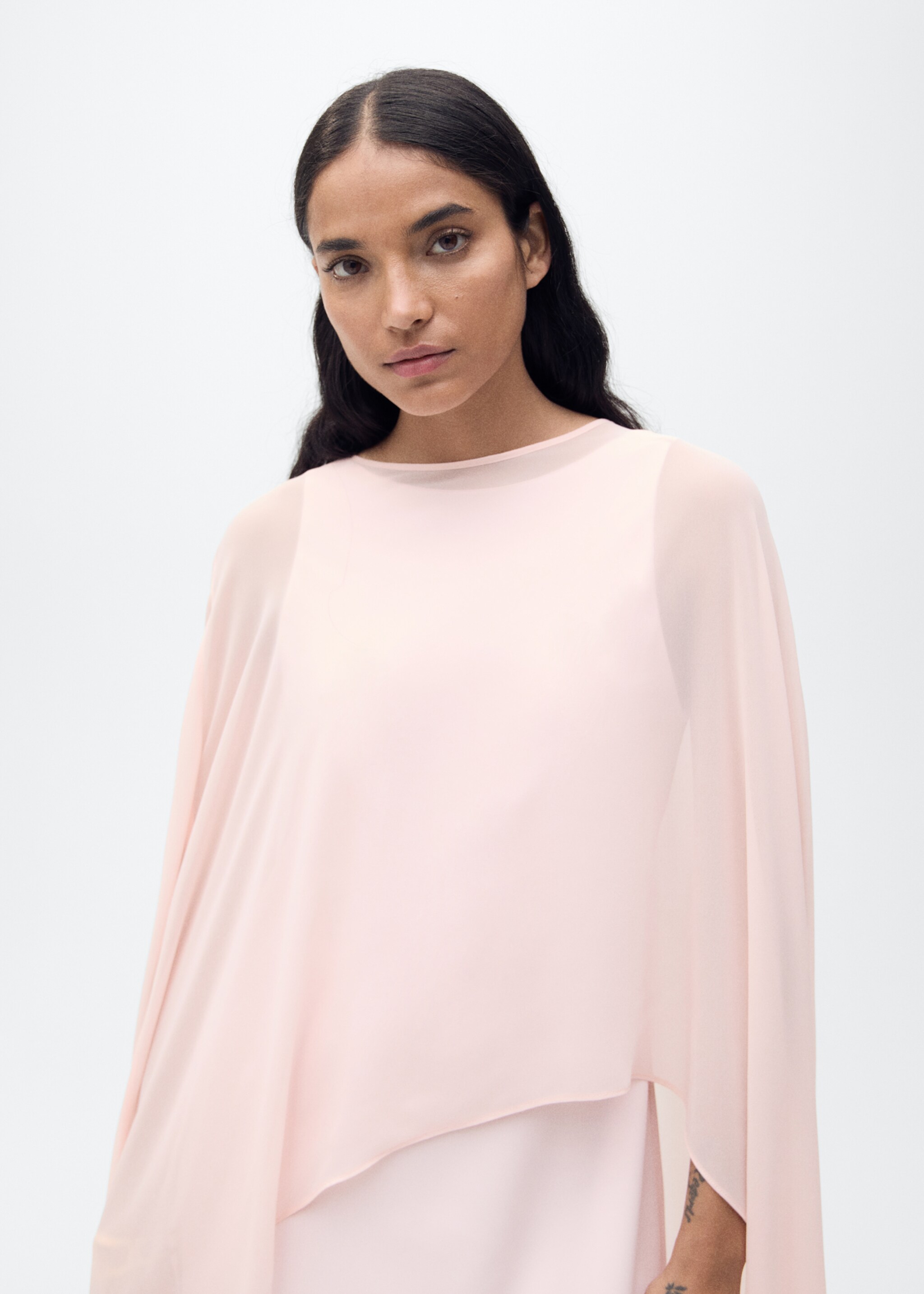 Long semi-transparent cape - Details of the article 1, Pastel Pink. Ref: 87065724-00.