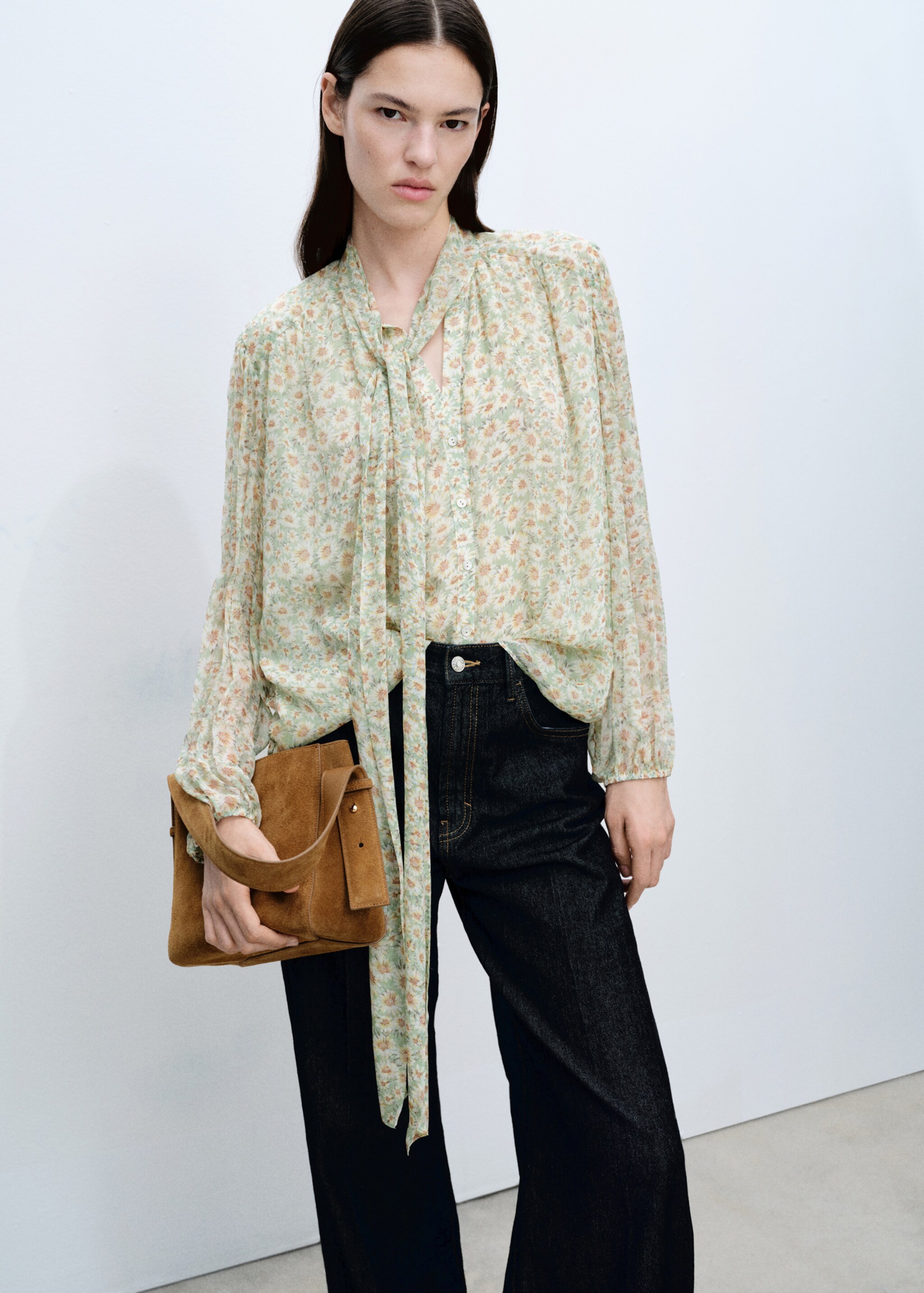 Floral tie blouse - Medium plane, Green. Ref: 87065745-00.