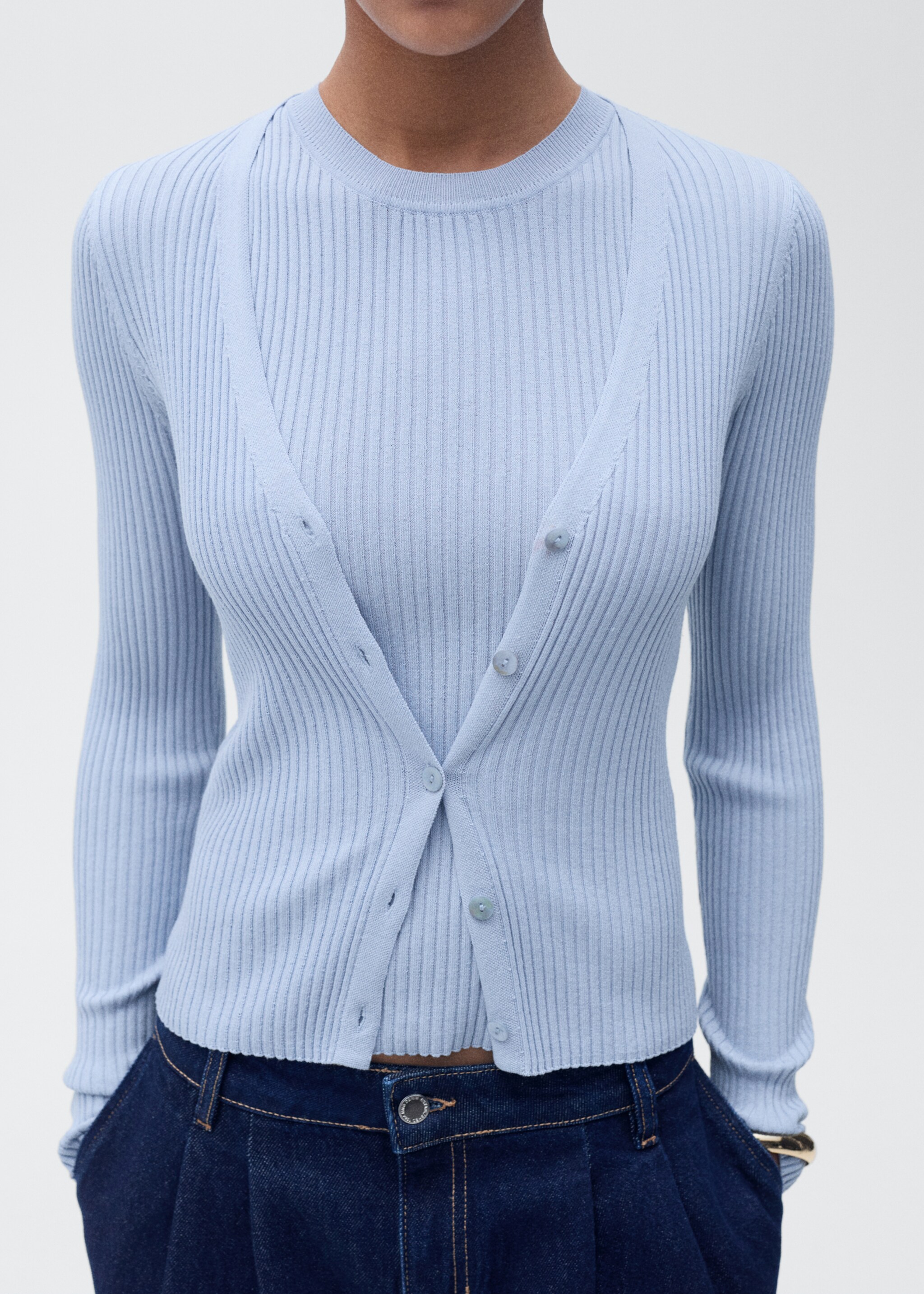 V-neck rib-knit cardigan - Details of the article 6, Sky Blue. Ref: 87065746-00.