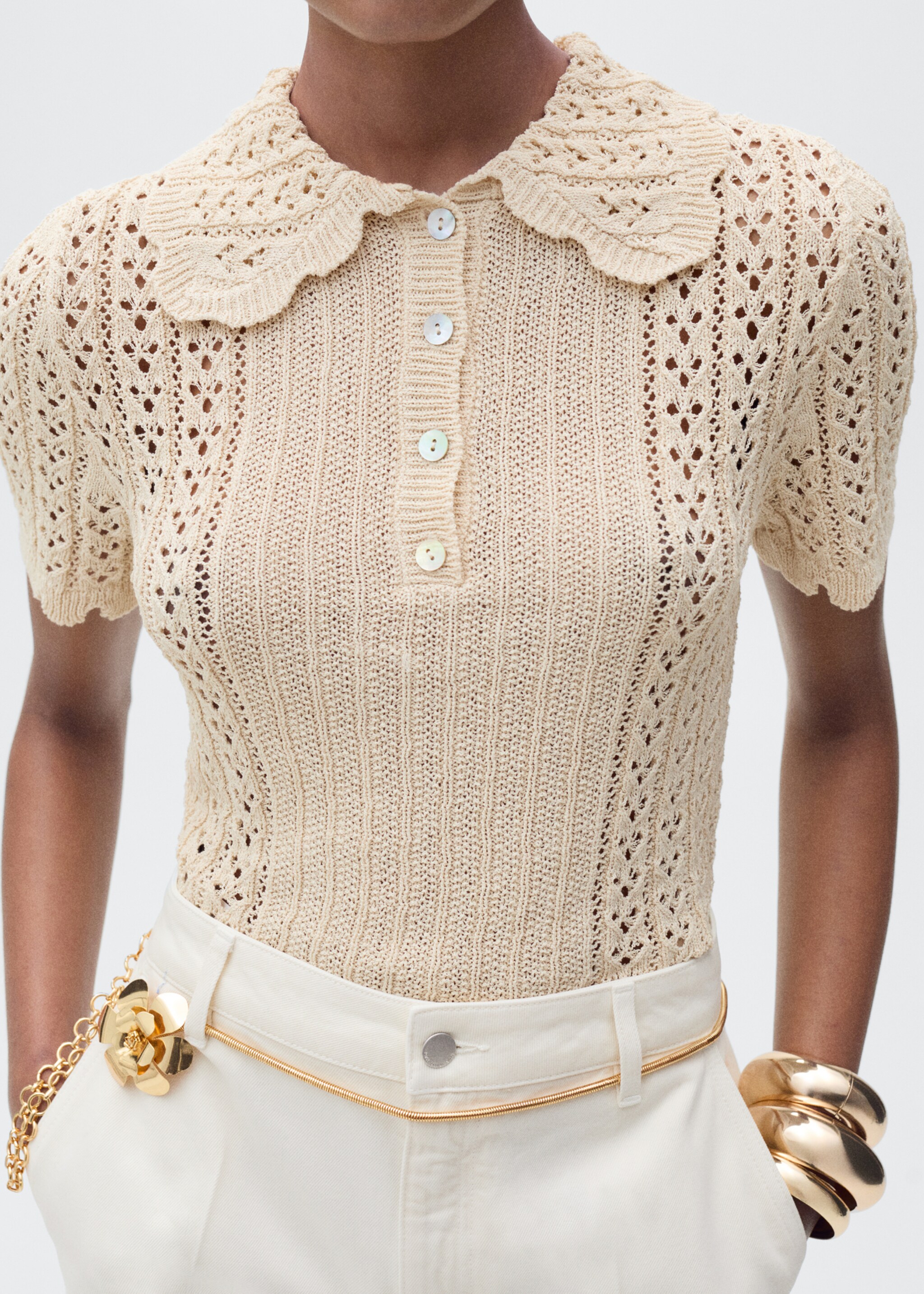 Openwork knitted polo-neck sweater - Medium plane, Beige. Ref: 87065767-00.