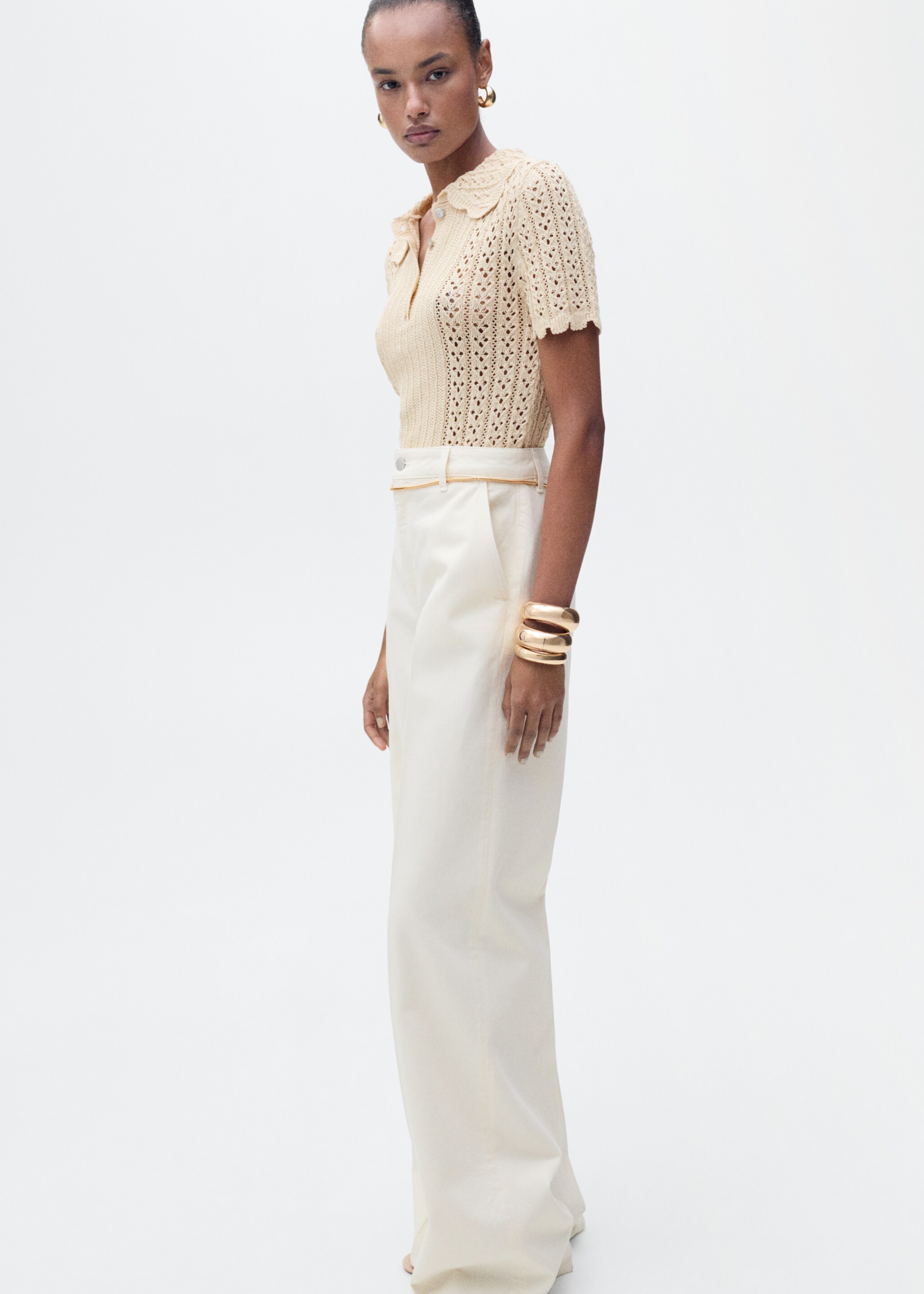 Openwork knitted polo-neck sweater - Details of the article 1, Beige. Ref: 87065767-00.