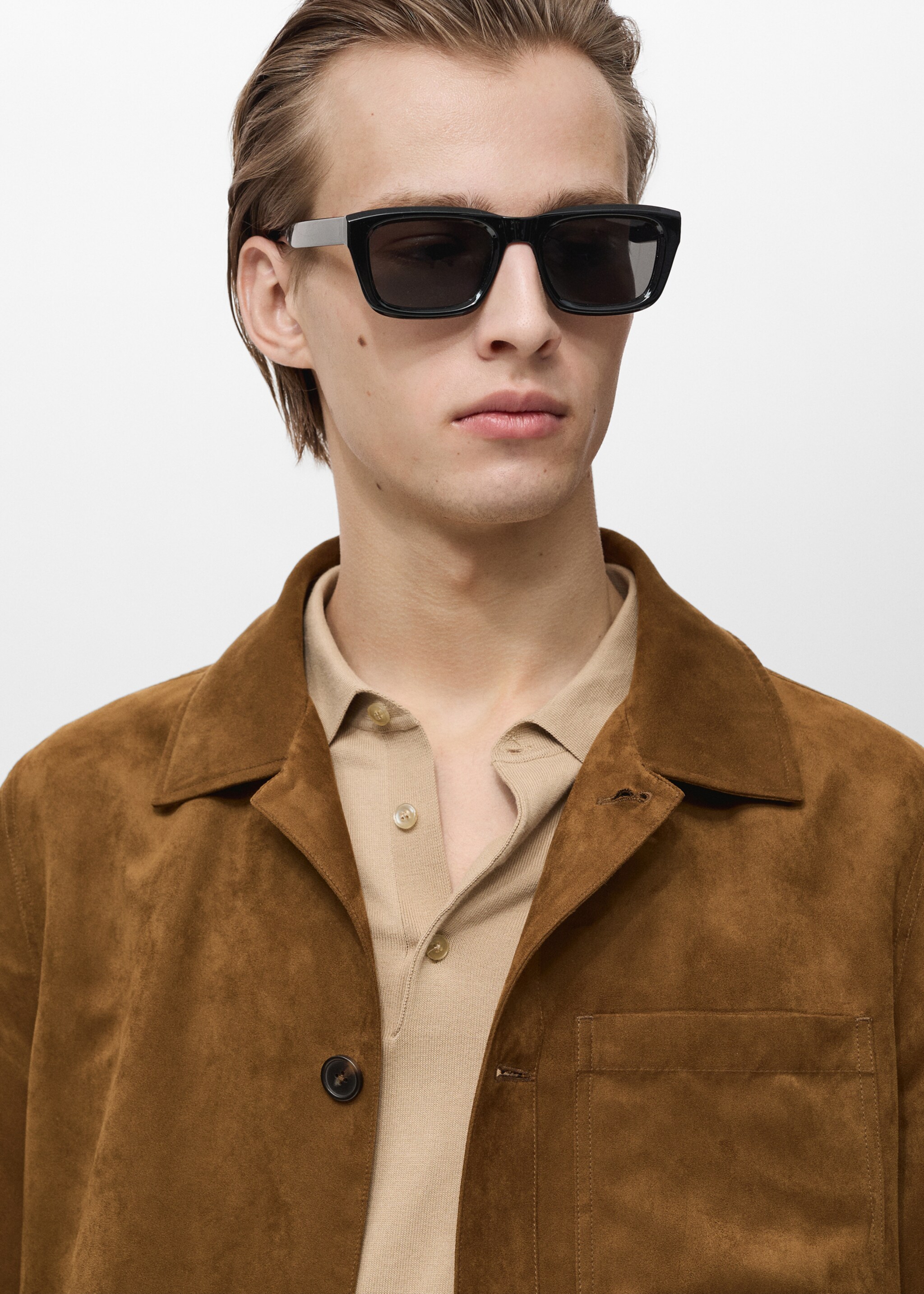 Suede effect overshirt - Details of the article 1, Cognac. Ref: 87065916-00.