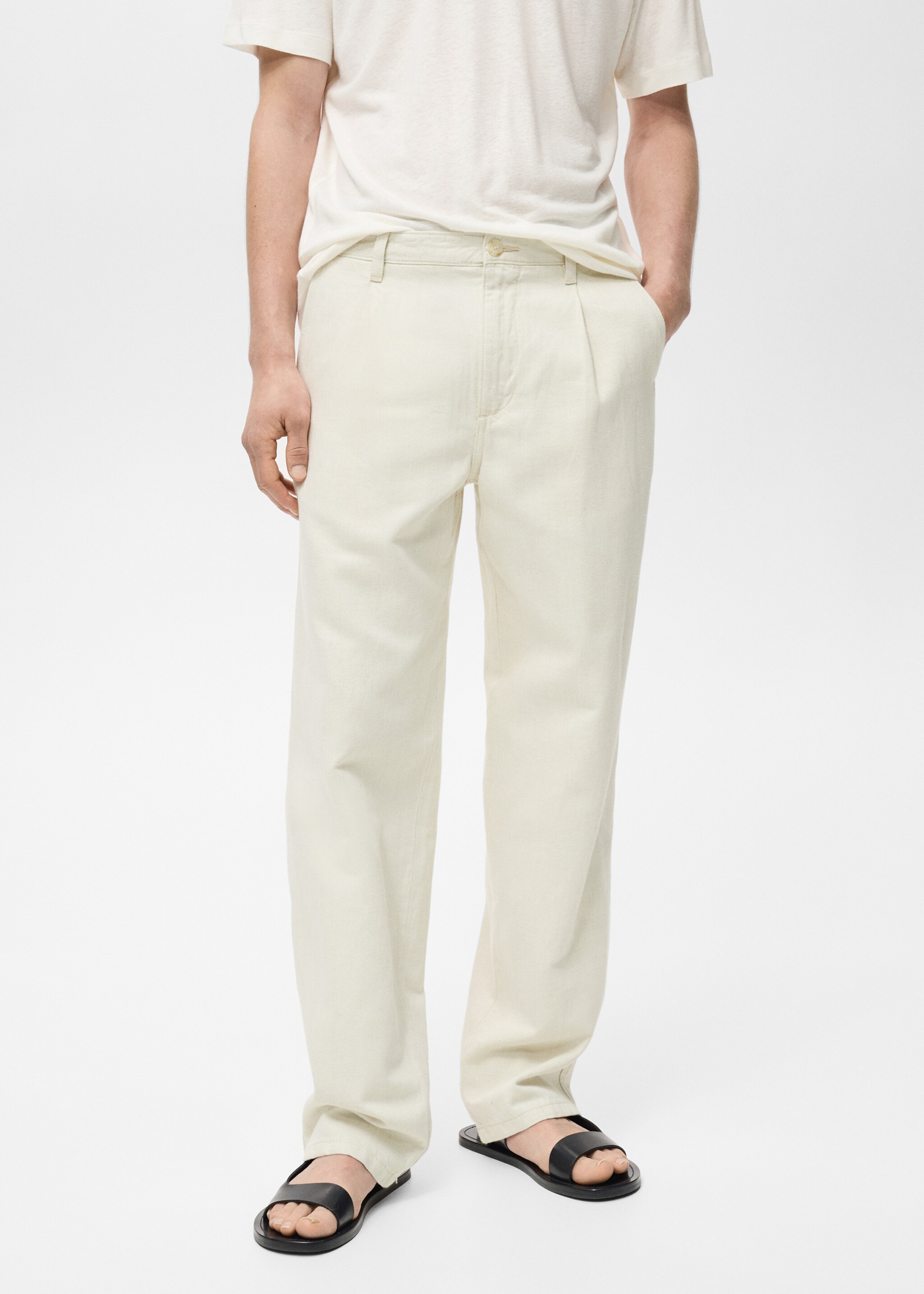 Regular-Fit-Jeans aus Leinenmischgewebe mit Bundfalten - Mittlere Ansicht, Ecru. Ref: 87065919-00.