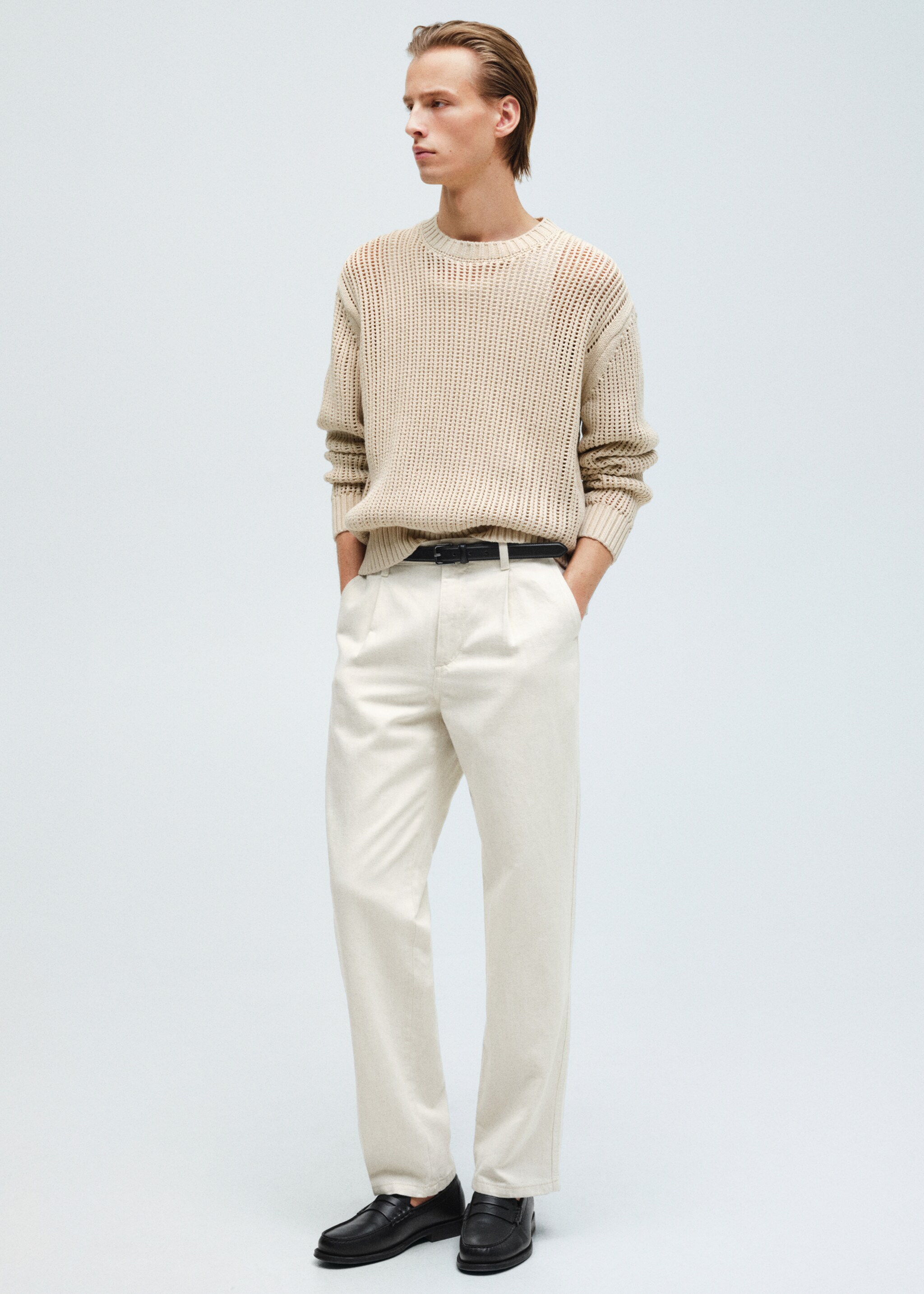 Regular-Fit-Jeans aus Leinenmischgewebe mit Bundfalten - Detail des Artikels 3, Ecru. Ref: 87065919-00.