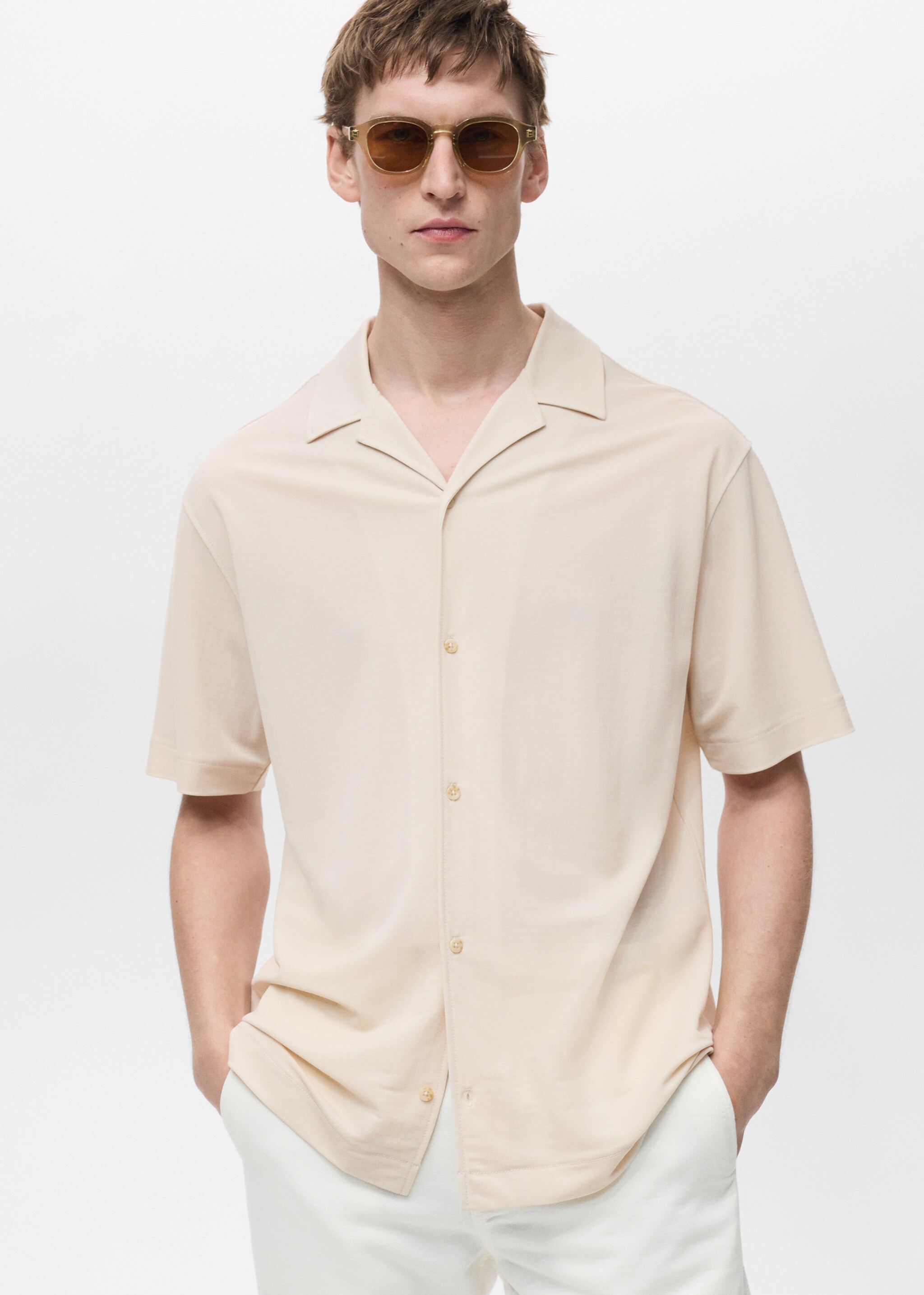 Modal shirt with bowling collar - Medium plane, Beige. Ref: 87065923-00.