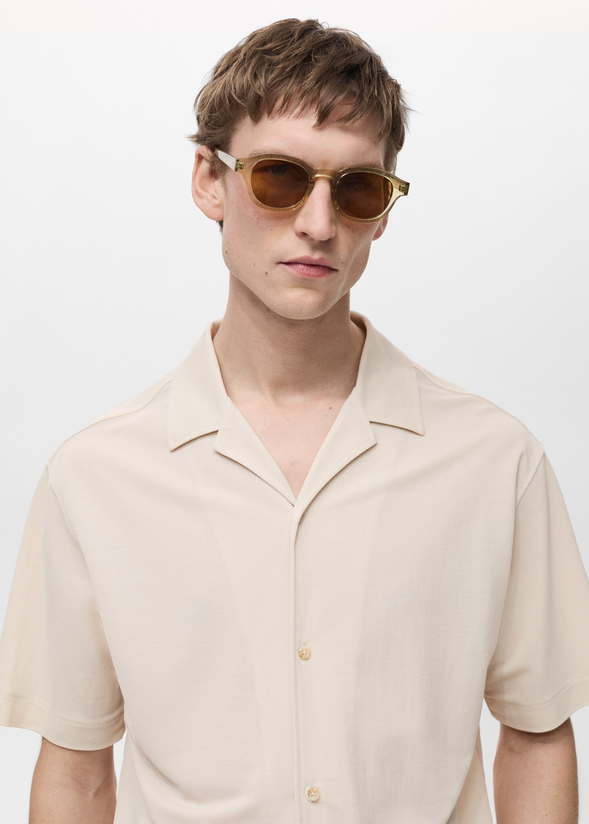 Modal shirt with bowling collar - Details of the article 1, Beige. Ref: 87065923-00.