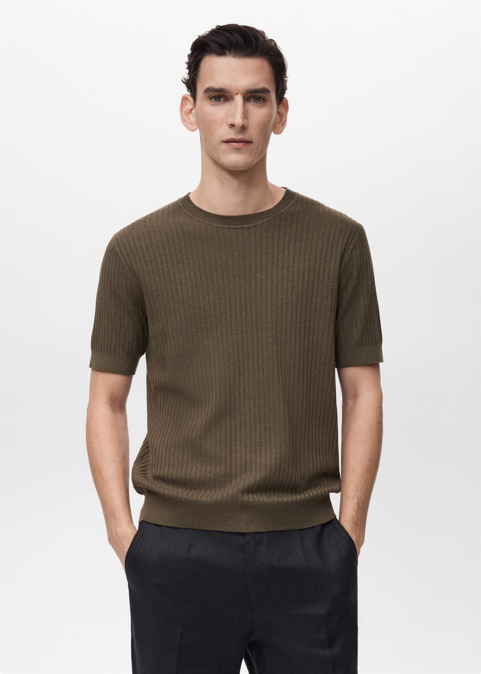 Textured striped T-shirt - Medium plane, Brown. Ref: 87065933-00.