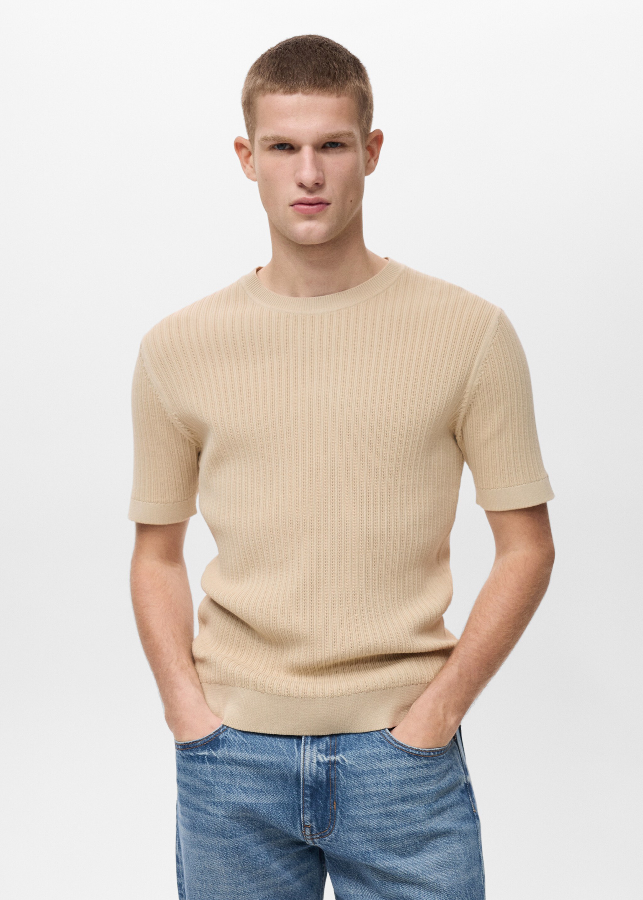 Pamučna pletena majica s pletenicama - Prikaz srednjeg dijela, Svjetlosmeđa. Ref: 87065934-00.