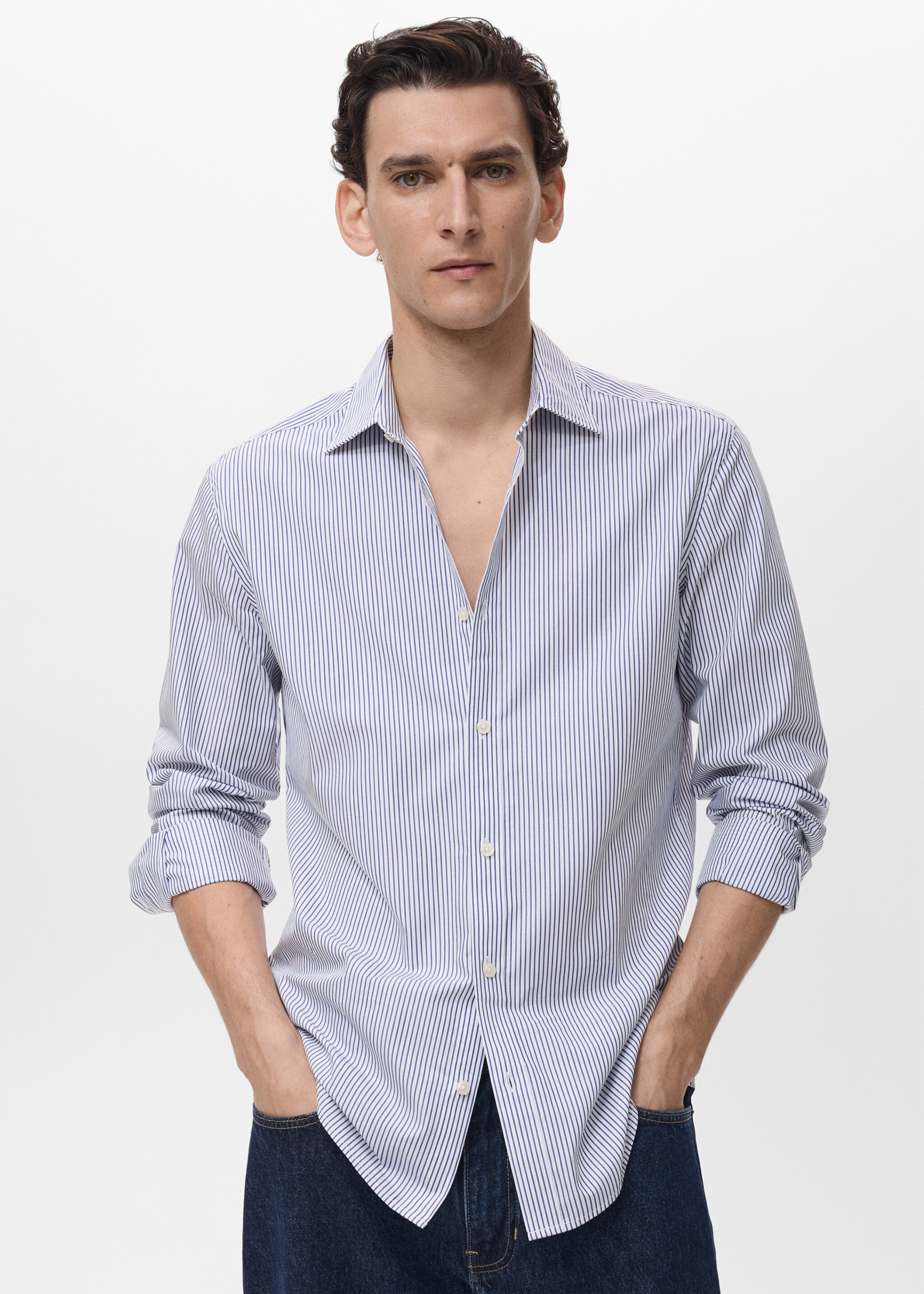 100% cotton slim-fit striped shirt - Medium plane, Blue. Ref: 87065937-00.
