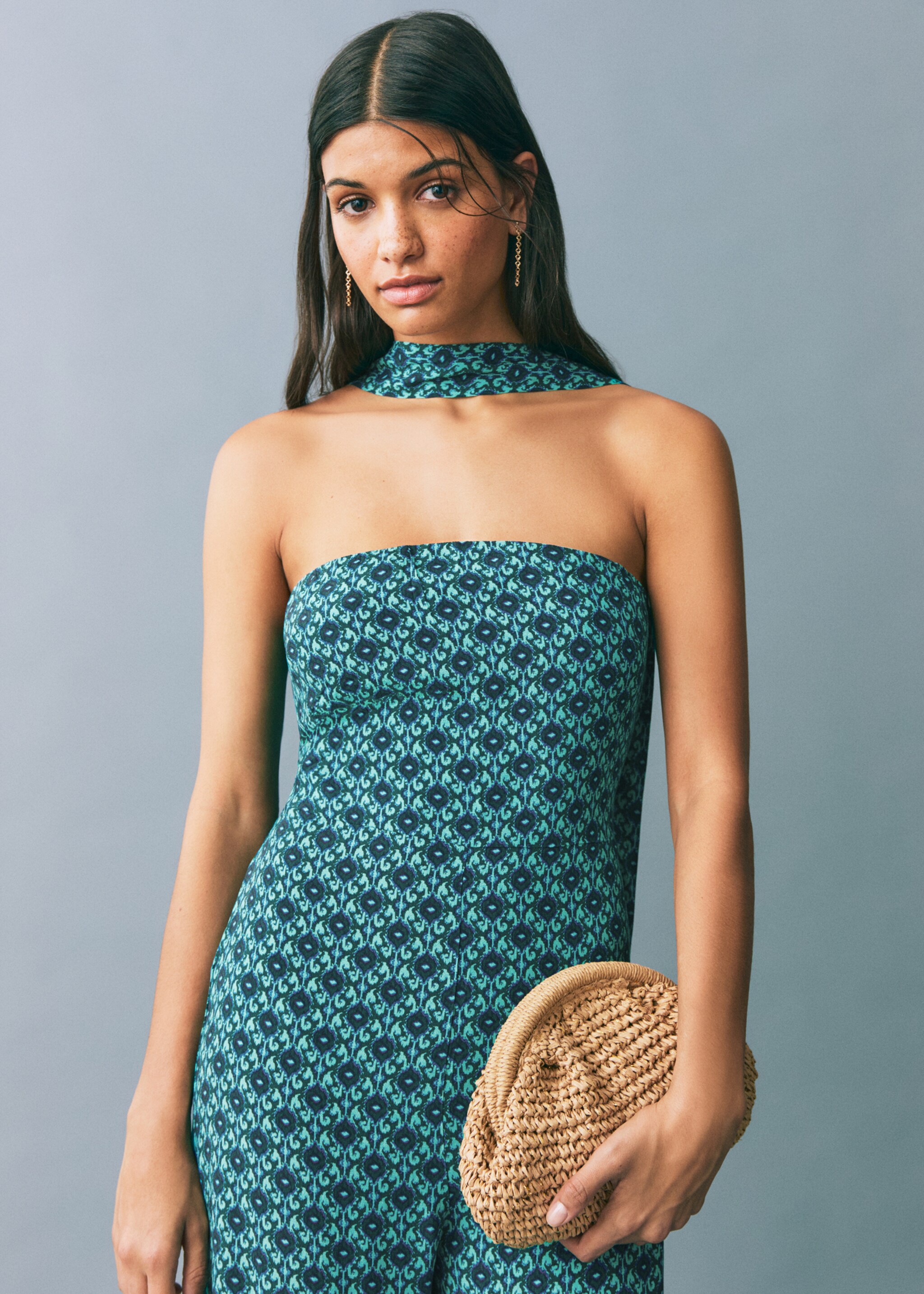 Printed jumpsuit with bow - Medium plane, Turquoise. Ref: 87066356-00.