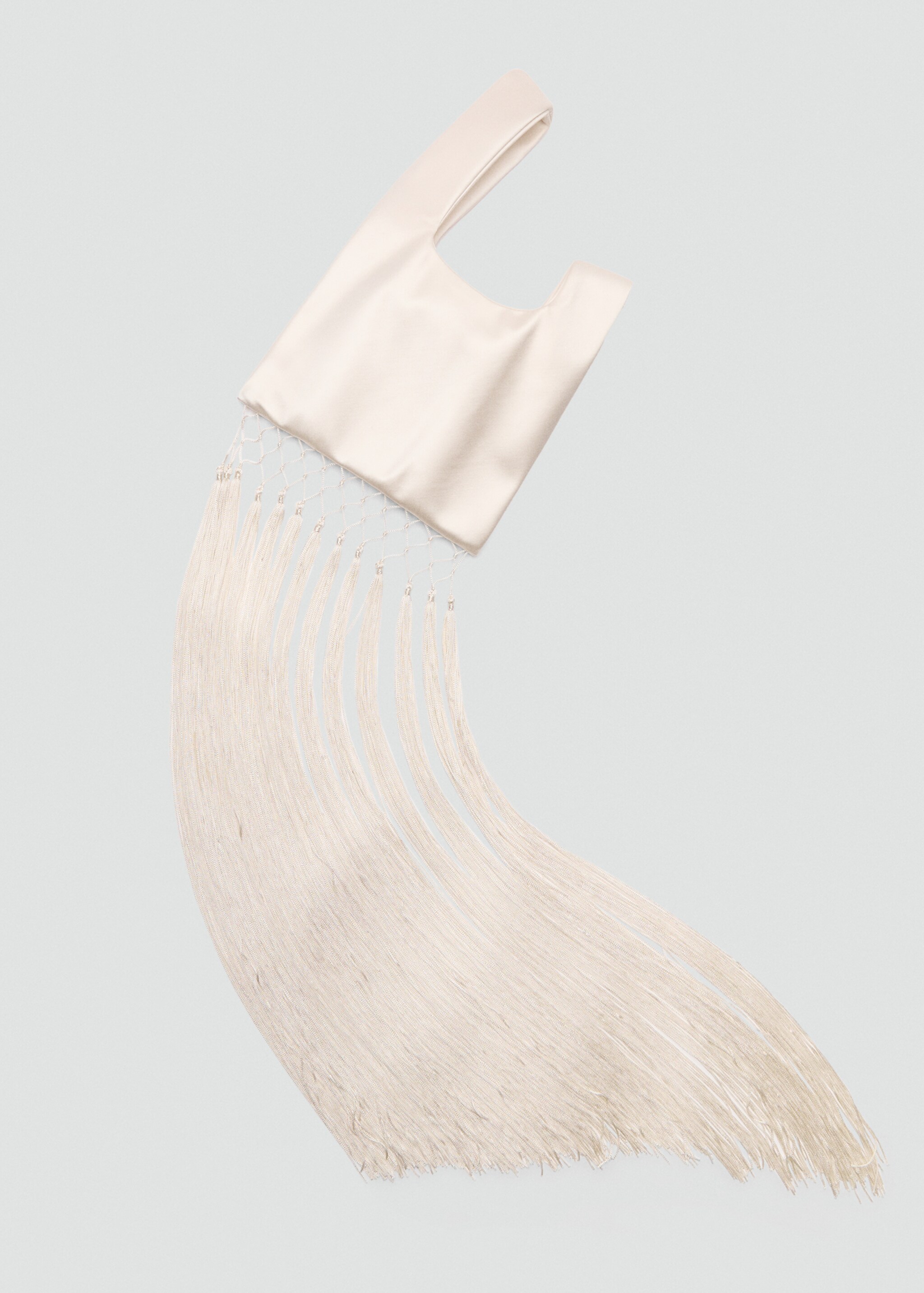 Satin handbag with fringed trim - Details of the article 4, Ecru. Ref: 87066364-00.