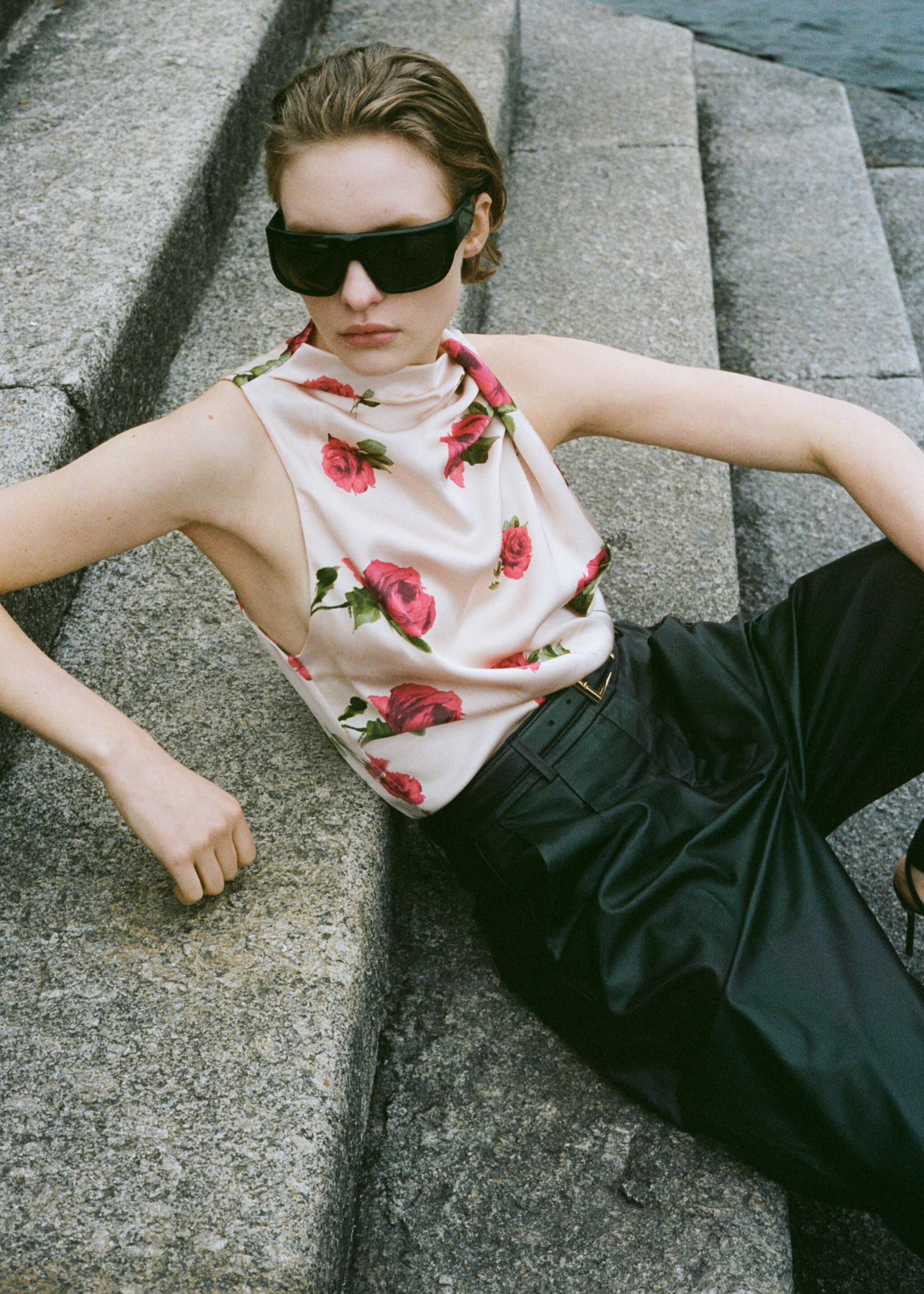 Floral satin blouse - Details of the article 6, Ecru. Ref: 87066372-00.