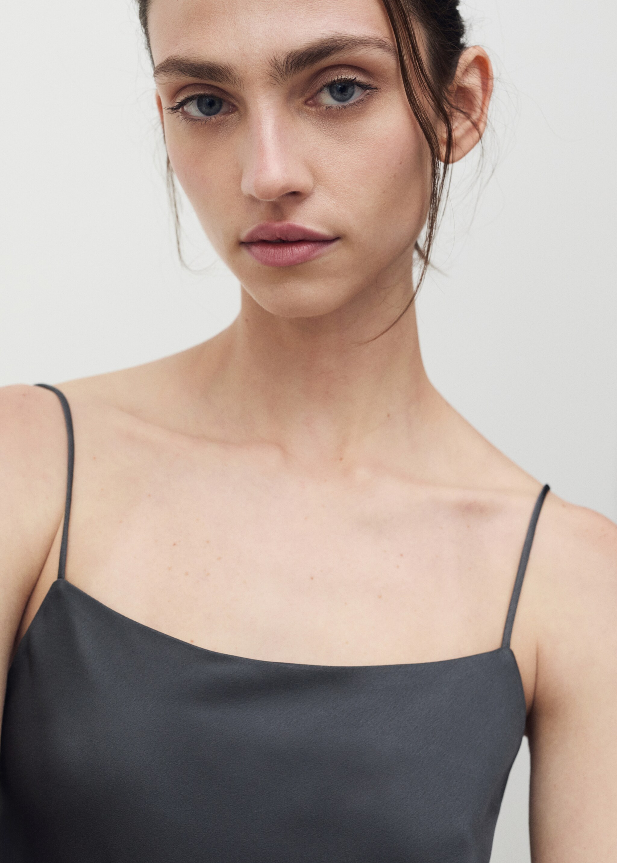 Satin nightgown with straps - Details of the article 1, Dark Grey. Ref: 87066713-00.