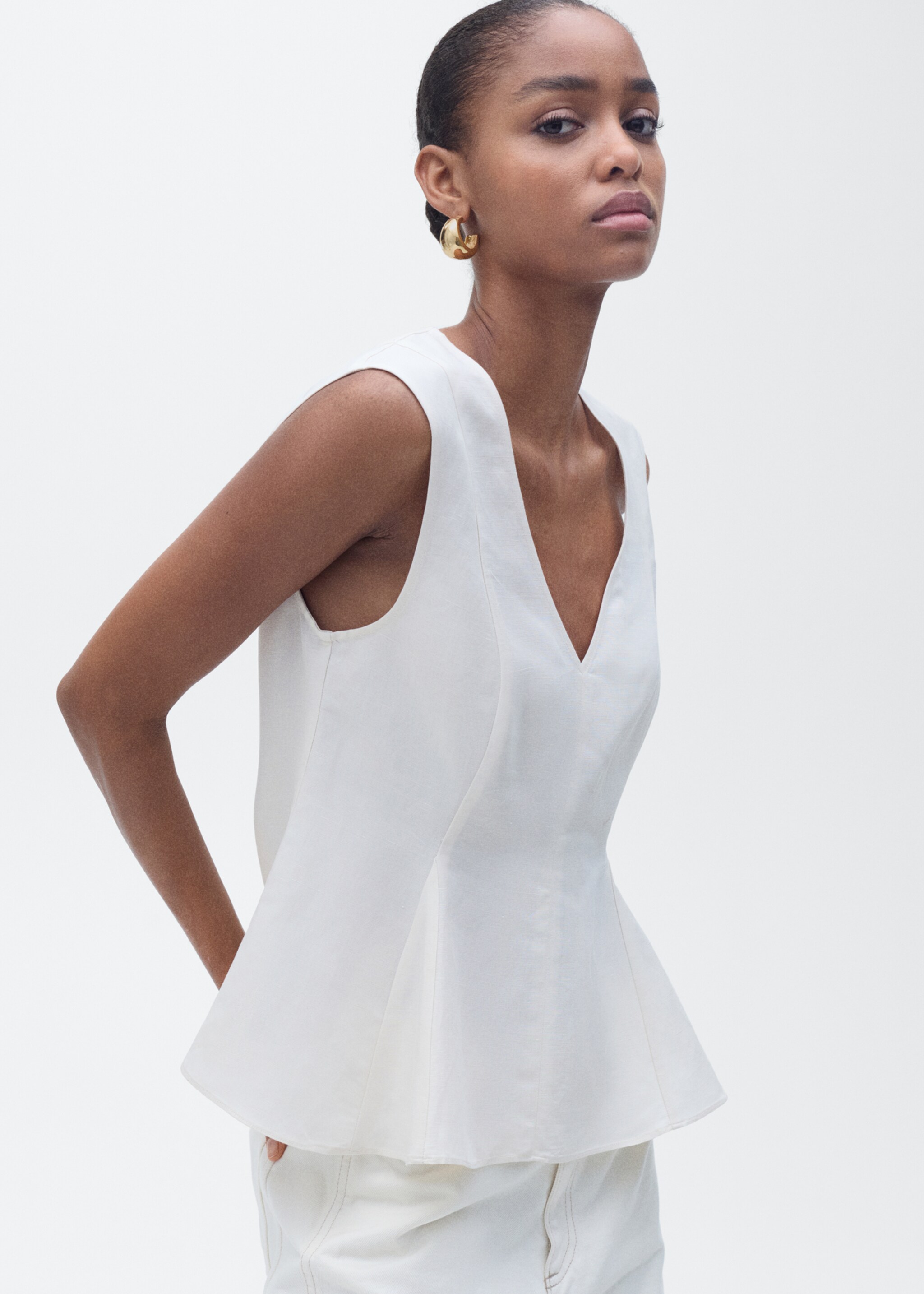 Top peplum mezcla lino - Plano medio, Crudo. Ref: 87067179-00.