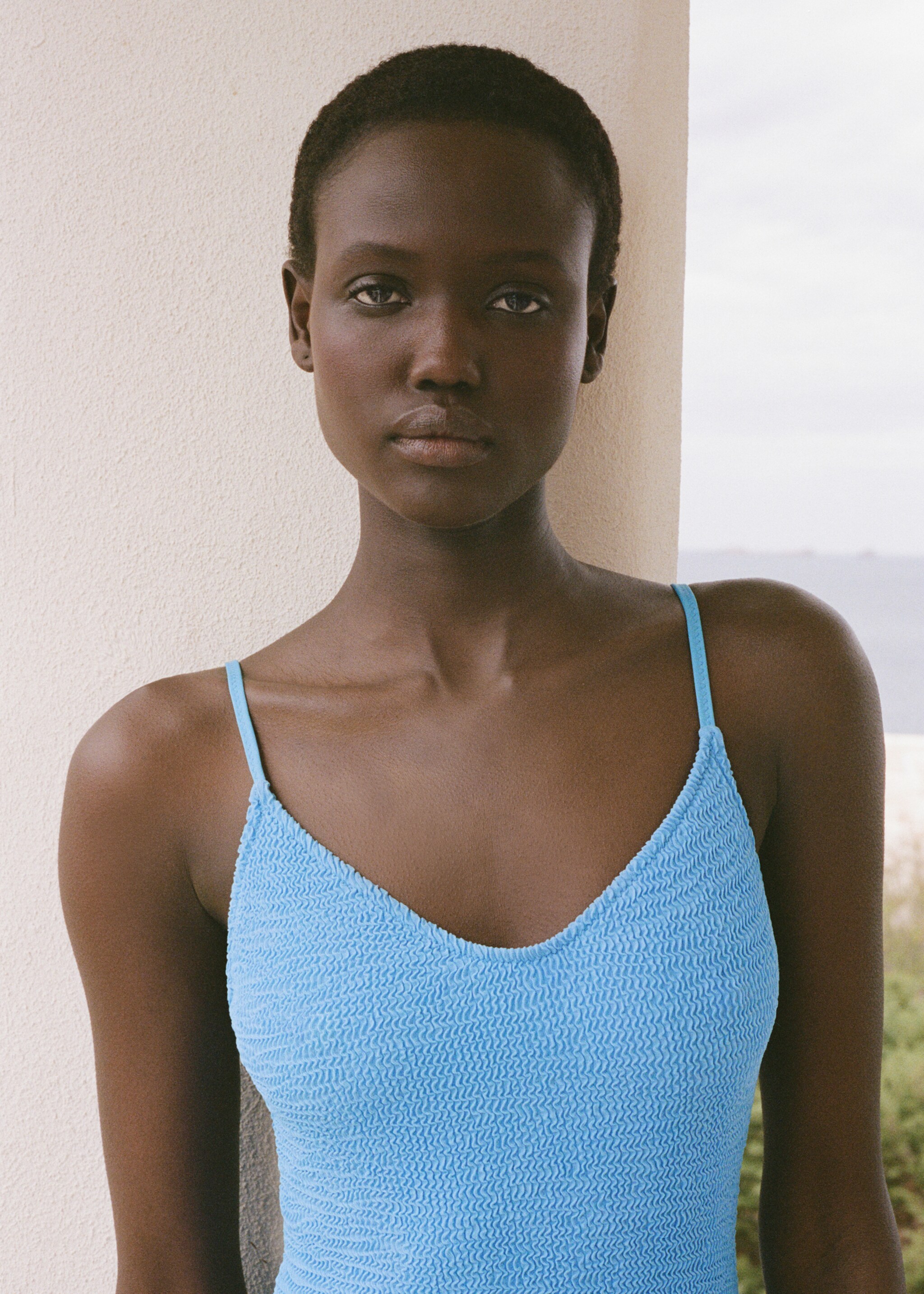 Textured swimsuit with straps - Medium plane, Sky Blue. Ref: 87067676-00.