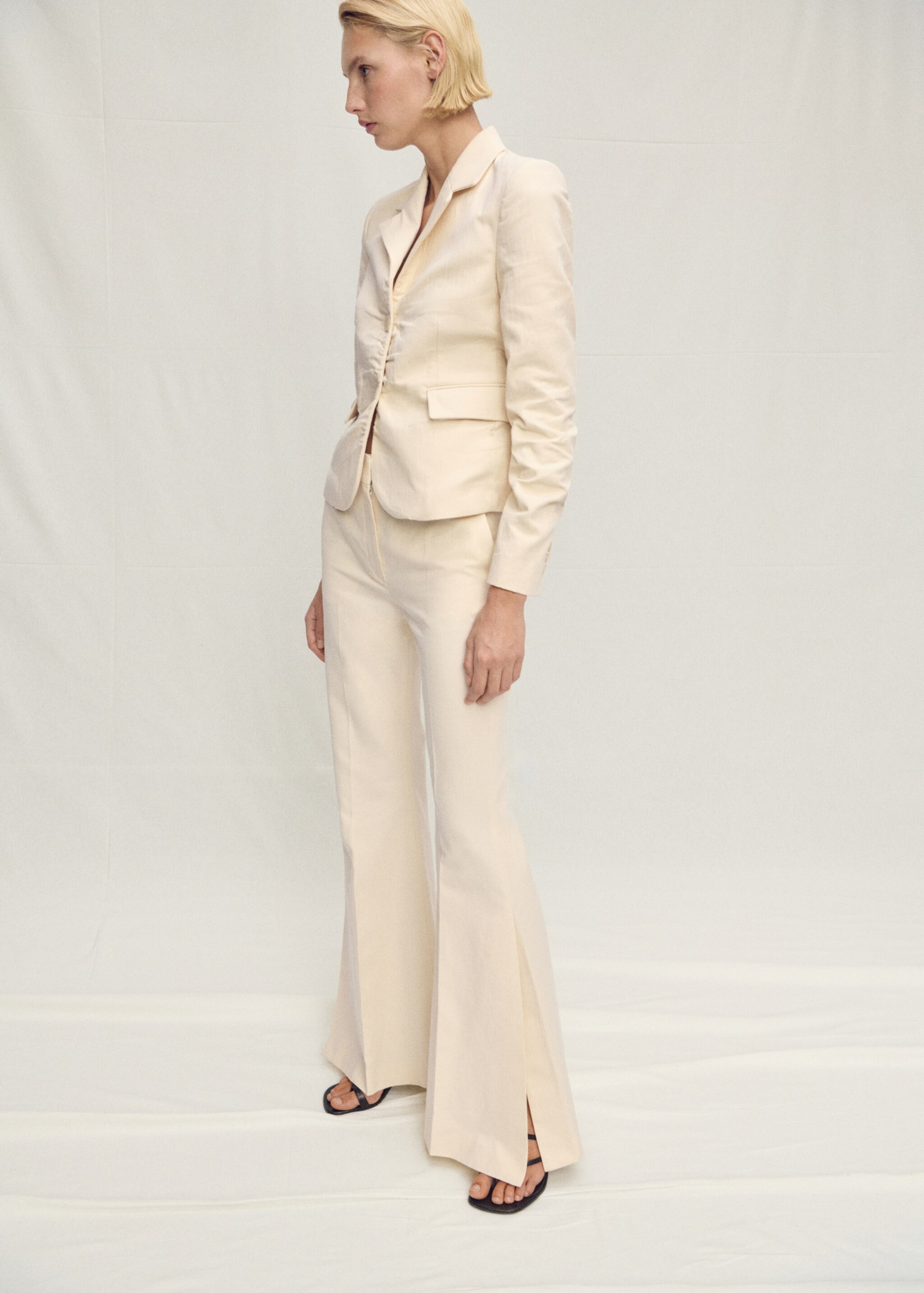 Flared linen-blend suit trousers - Details of the article 1, Ecru. Ref: 87067717-00.