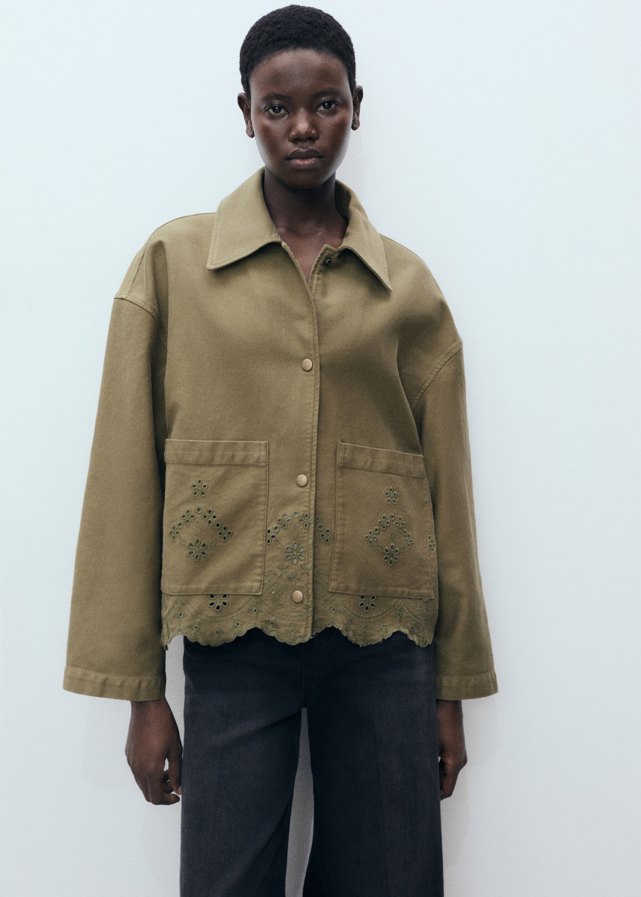Cotton overshirt with openwork details - Medium plane, Khaki. Ref: 87067895-00.