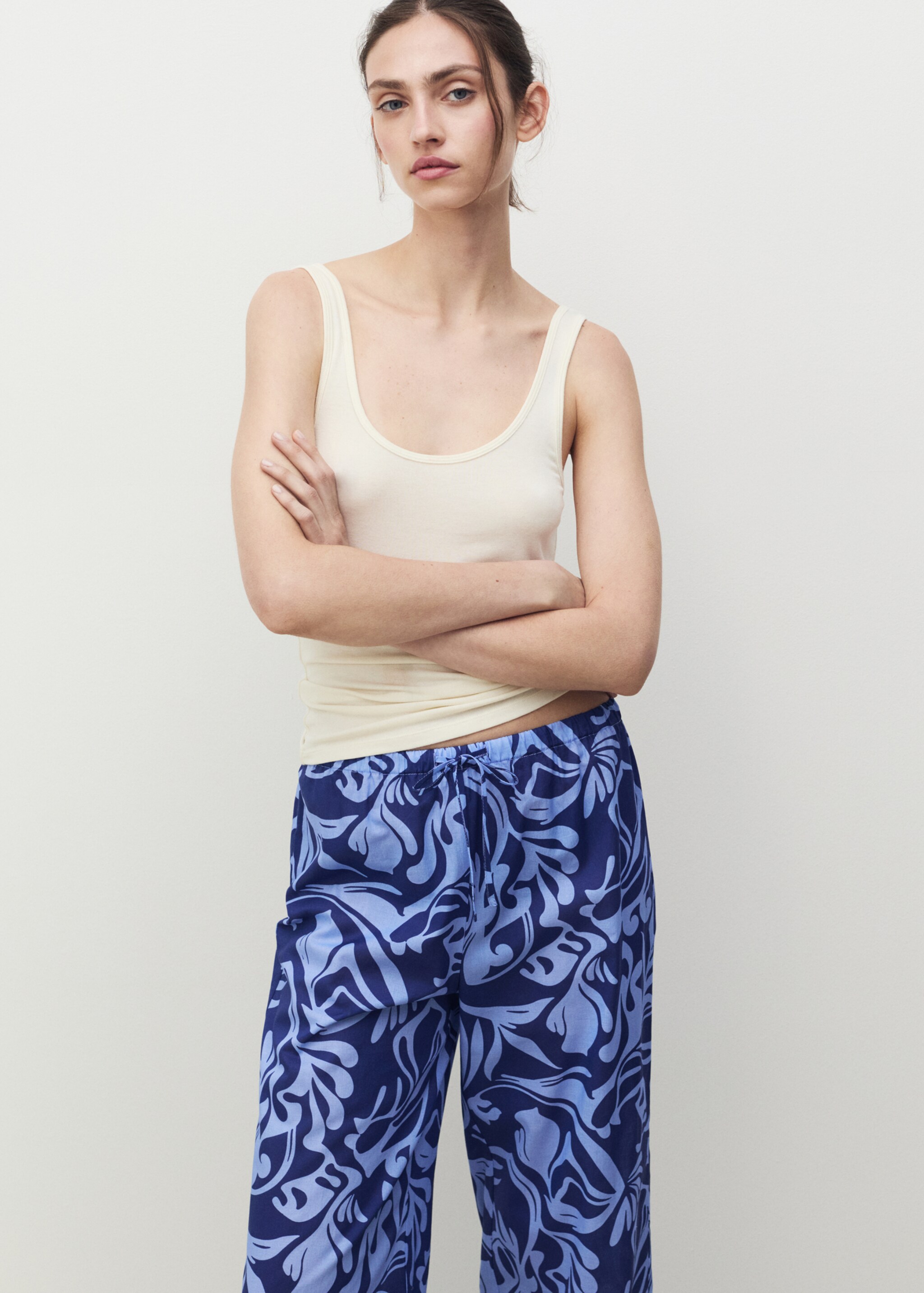 Cotton two-tone printed trousers - Details of the article 1, Blue. Ref: 87068272-00.