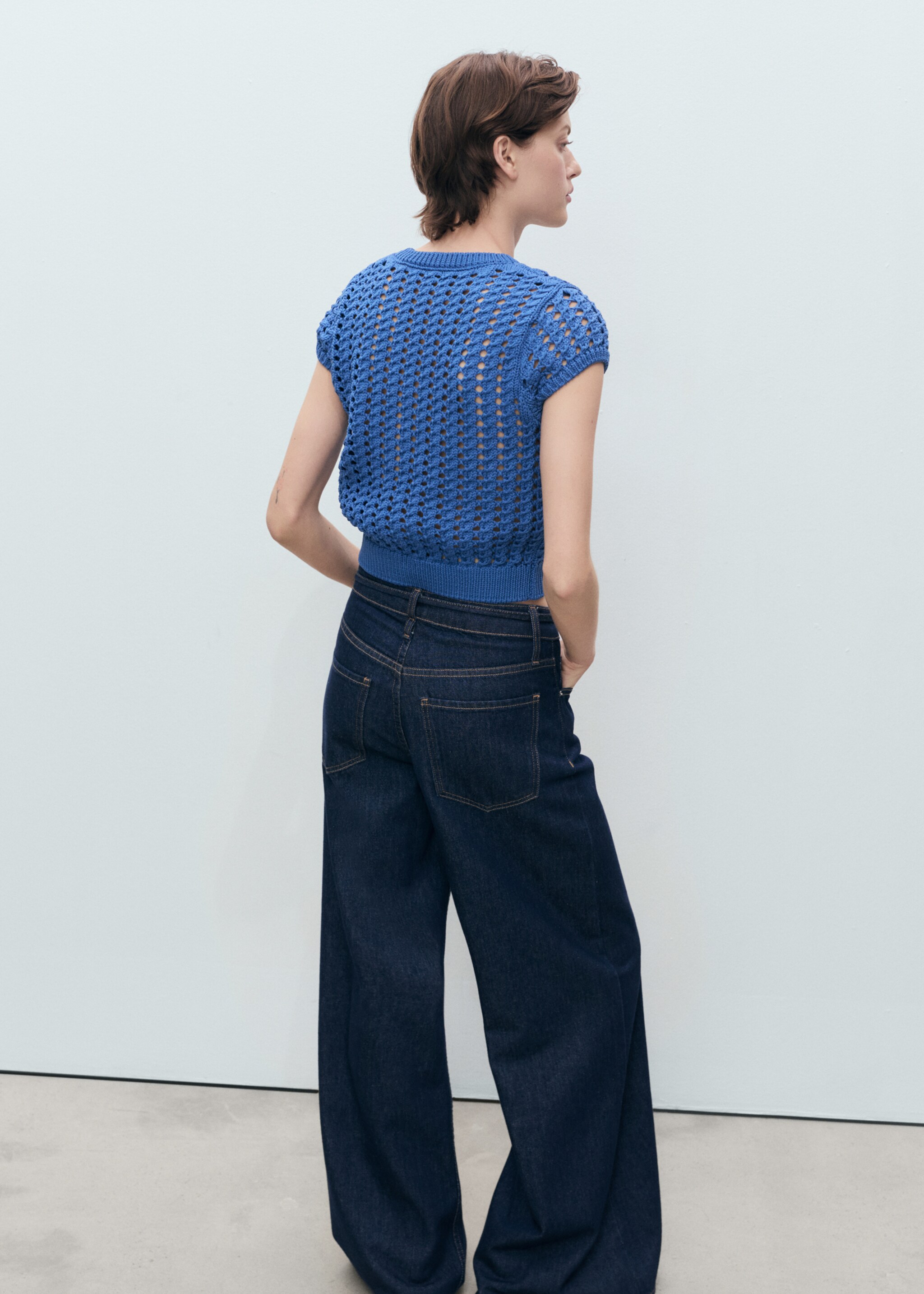 Short-sleeved crochet sweater - Reverse of the article, Blue. Ref: 87068643-00.