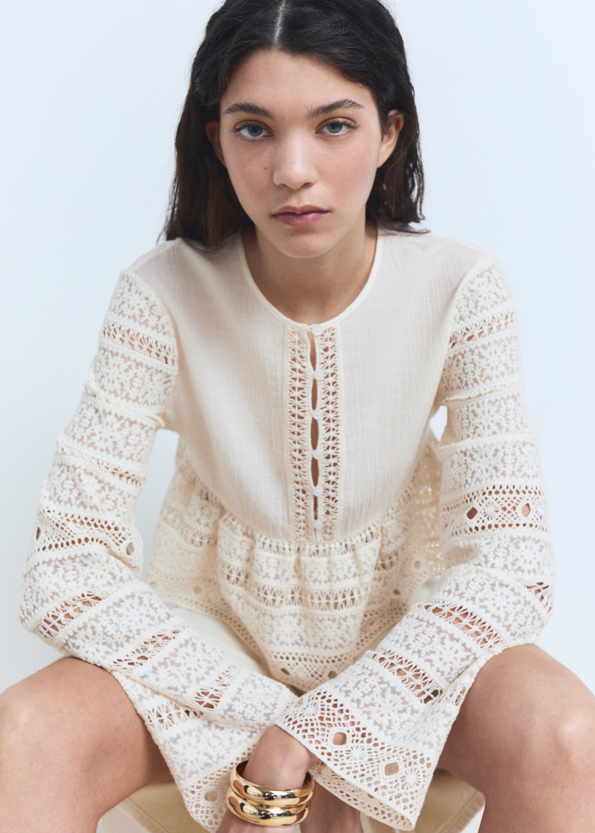 Embroidered cotton blouse with openwork details - Details of the article 2, Off White. Ref: 87068647-00.