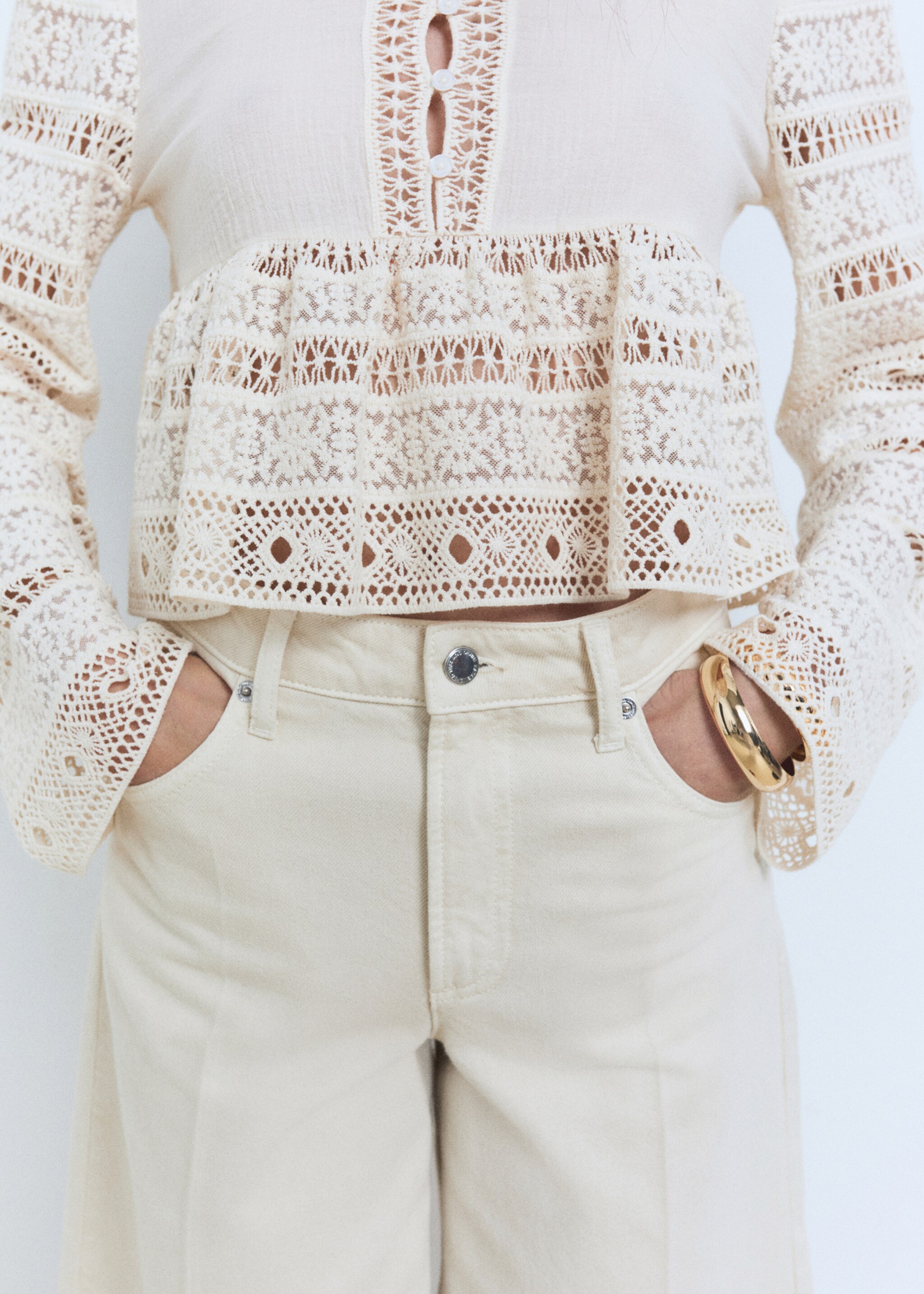 Embroidered cotton blouse with openwork details - Details of the article 6, Off White. Ref: 87068647-00.