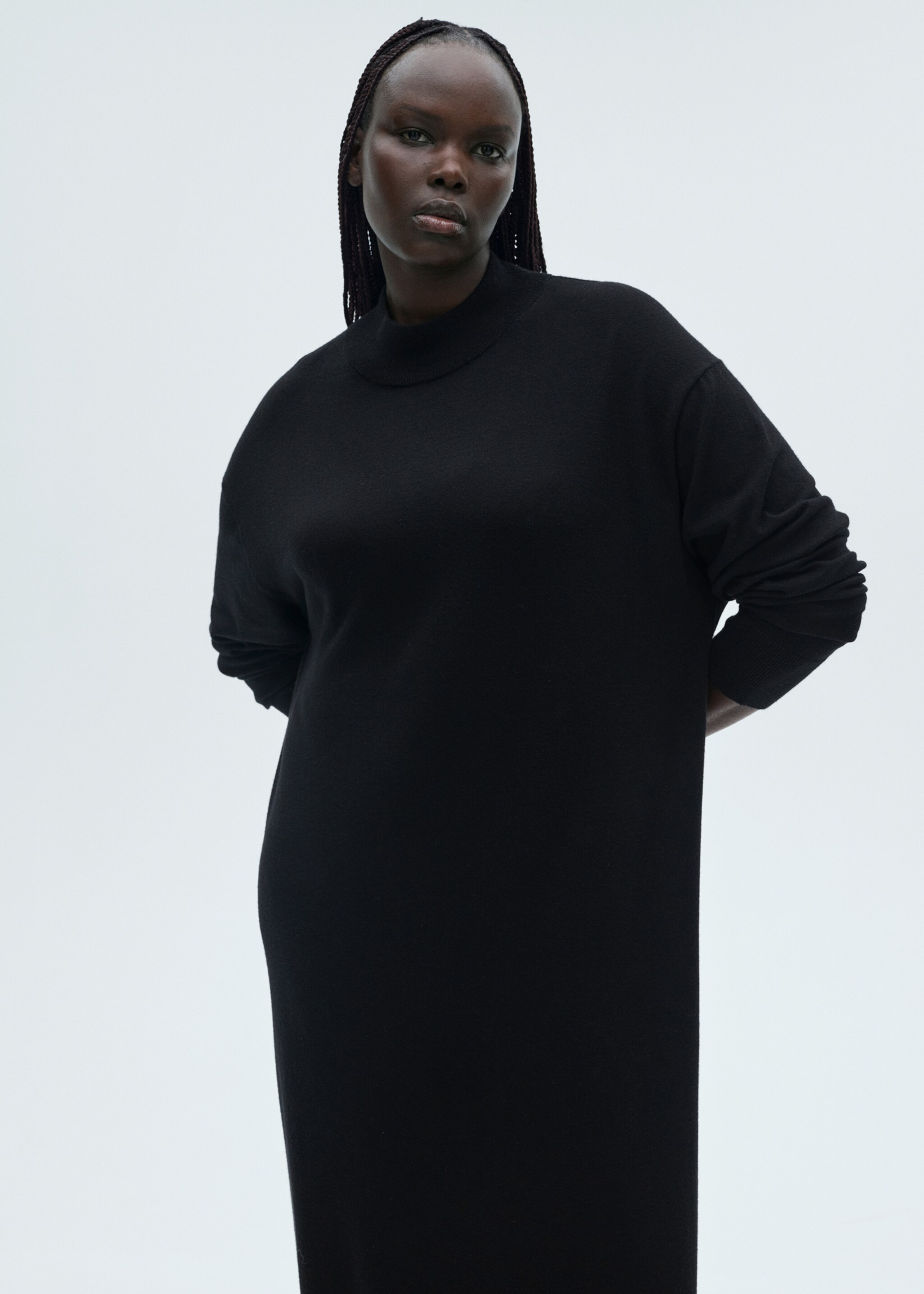 Perkins-neck knitted dress - Details of the article 5, Black. Ref: 87070425-00.