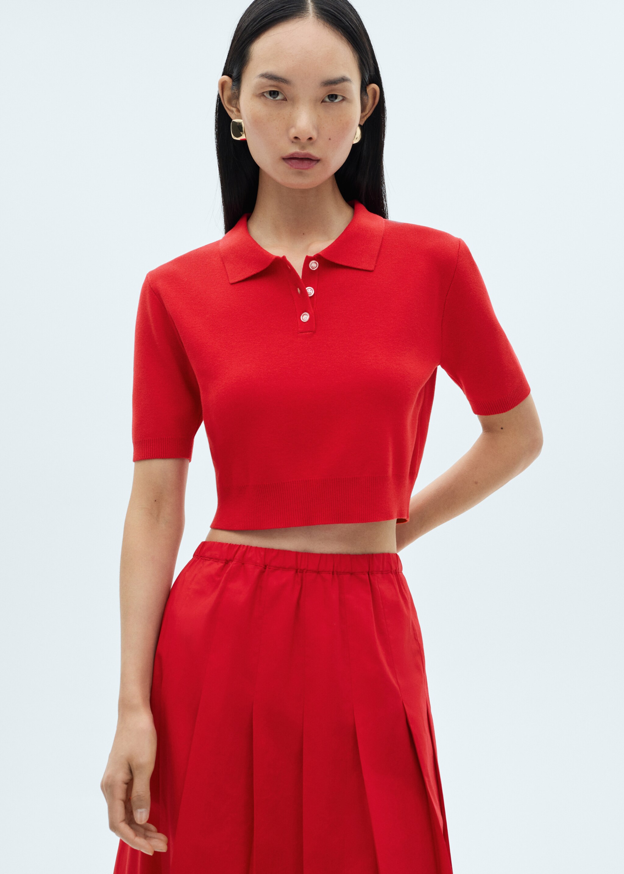 Cotton pleated skirt - Details of the article 1, Red. Ref: 87070580-00.