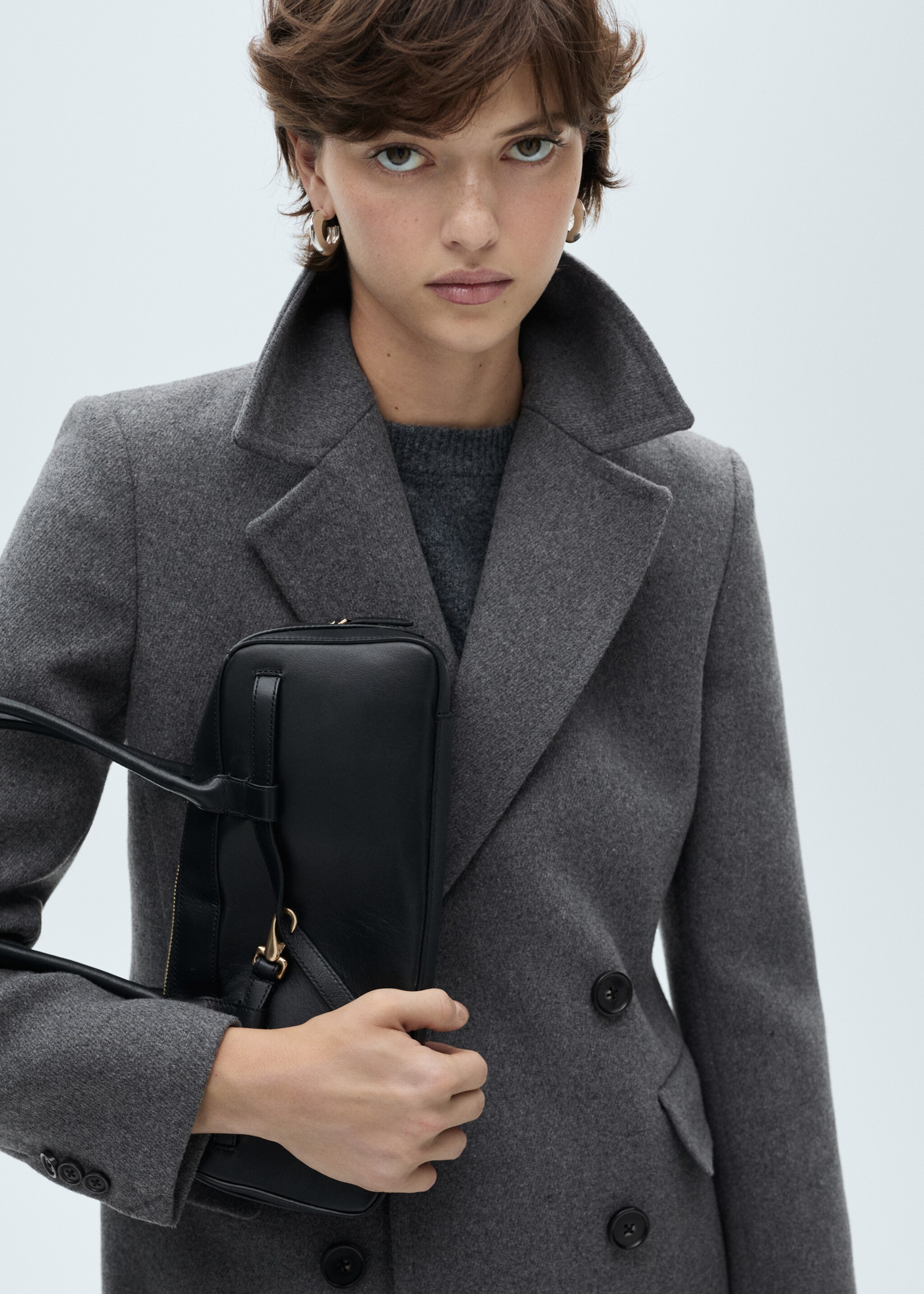 Abrigo midi lana doble botonadura - Detalle del artículo 1, Gris. Ref: 87070623-00.