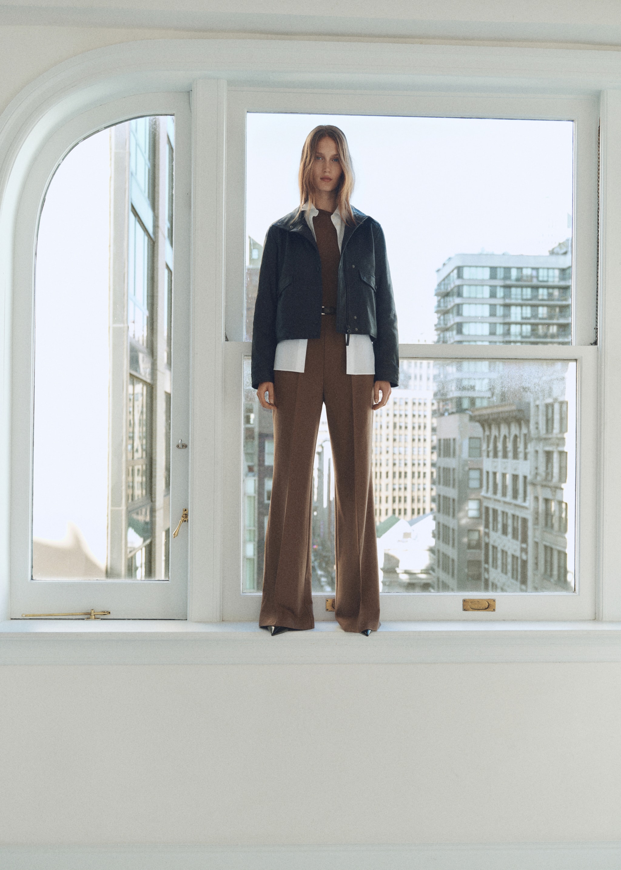 Combined-fabric jumpsuit with belt - Details of the article 2, Brown. Ref: 87070625-00.