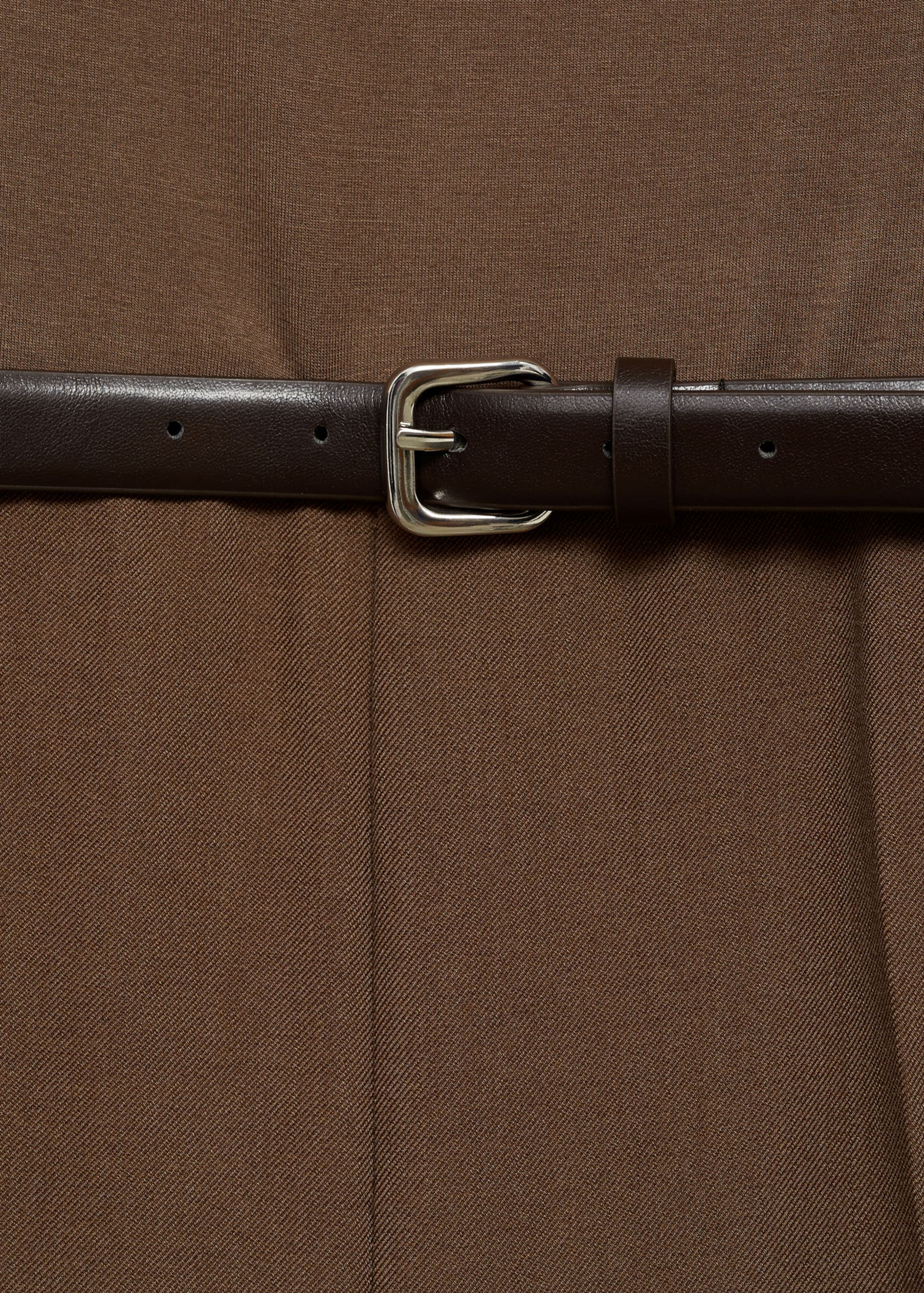 Combined-fabric jumpsuit with belt - Details of the article 8, Brown. Ref: 87070625-00.