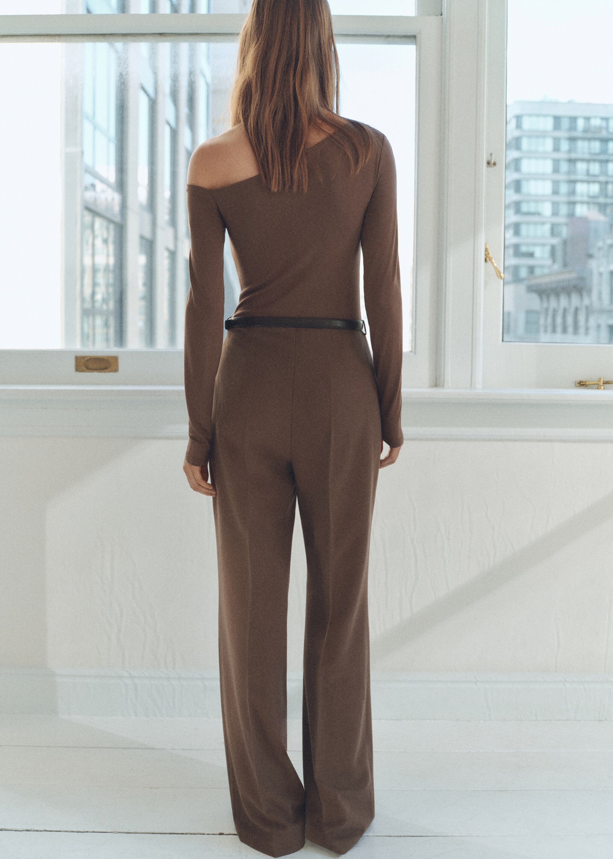 Combined-fabric jumpsuit with belt - Reverse of the article, Brown. Ref: 87070625-00.