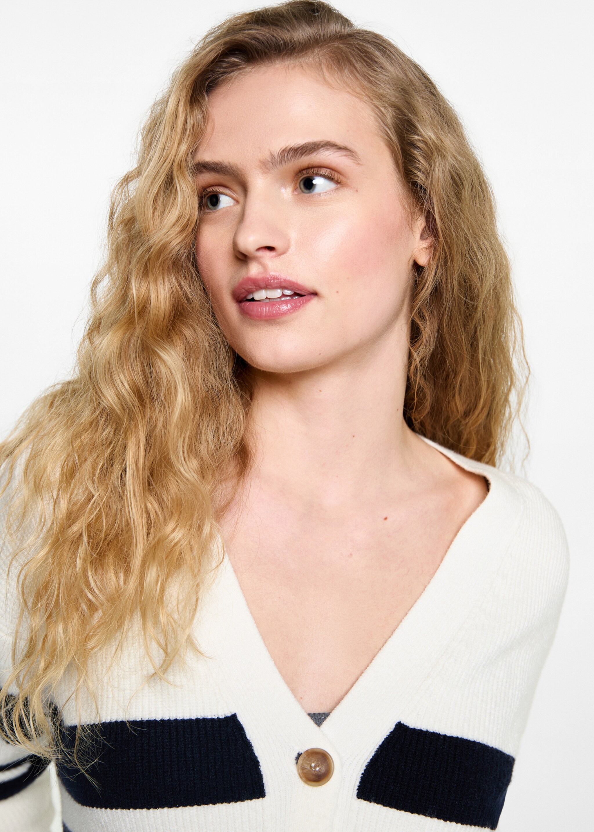 Stripped knit cardigan - Details of the article 1, Off White. Ref: 87072538-00.