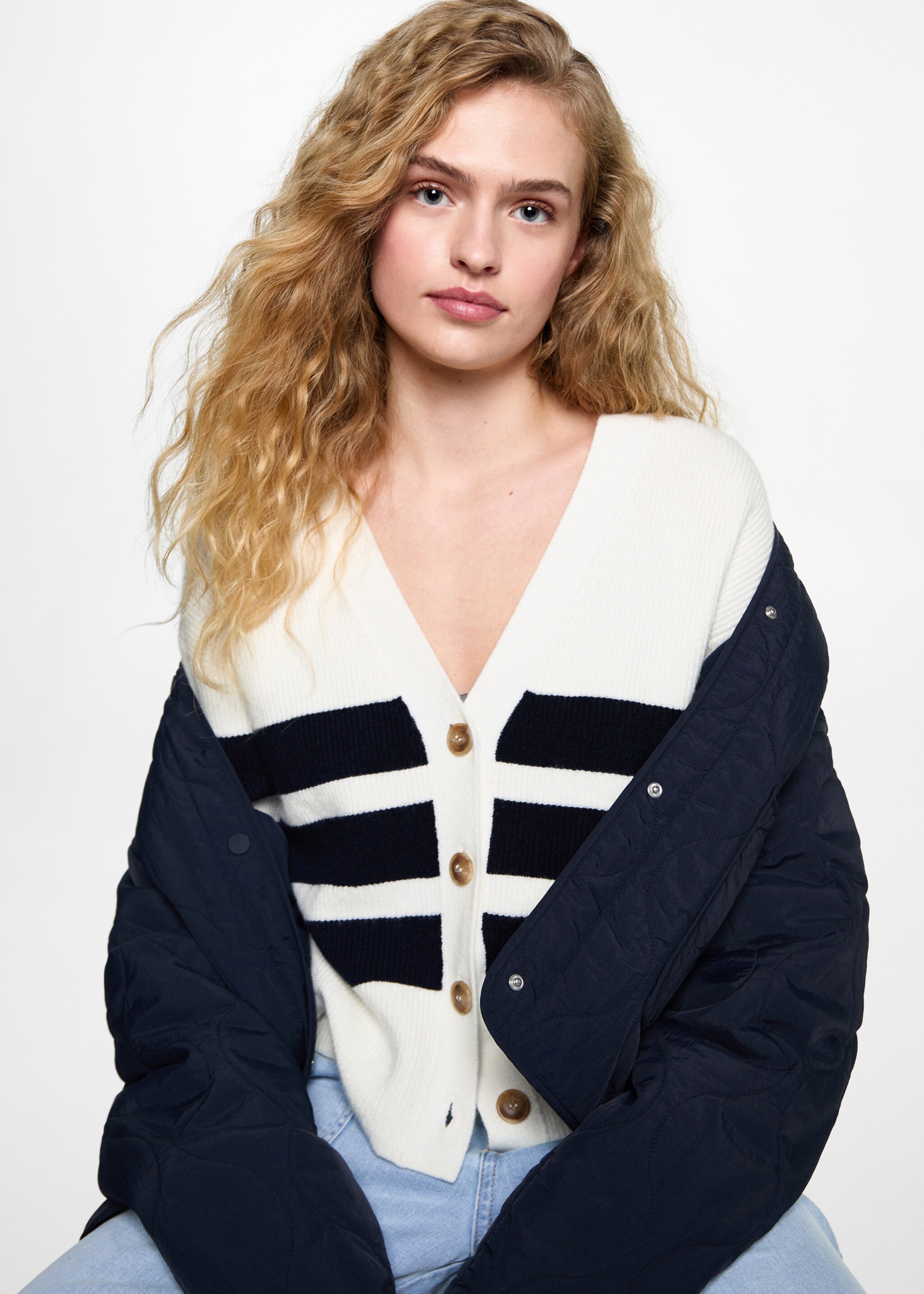 Stripped knit cardigan - Details of the article 2, Off White. Ref: 87072538-00.