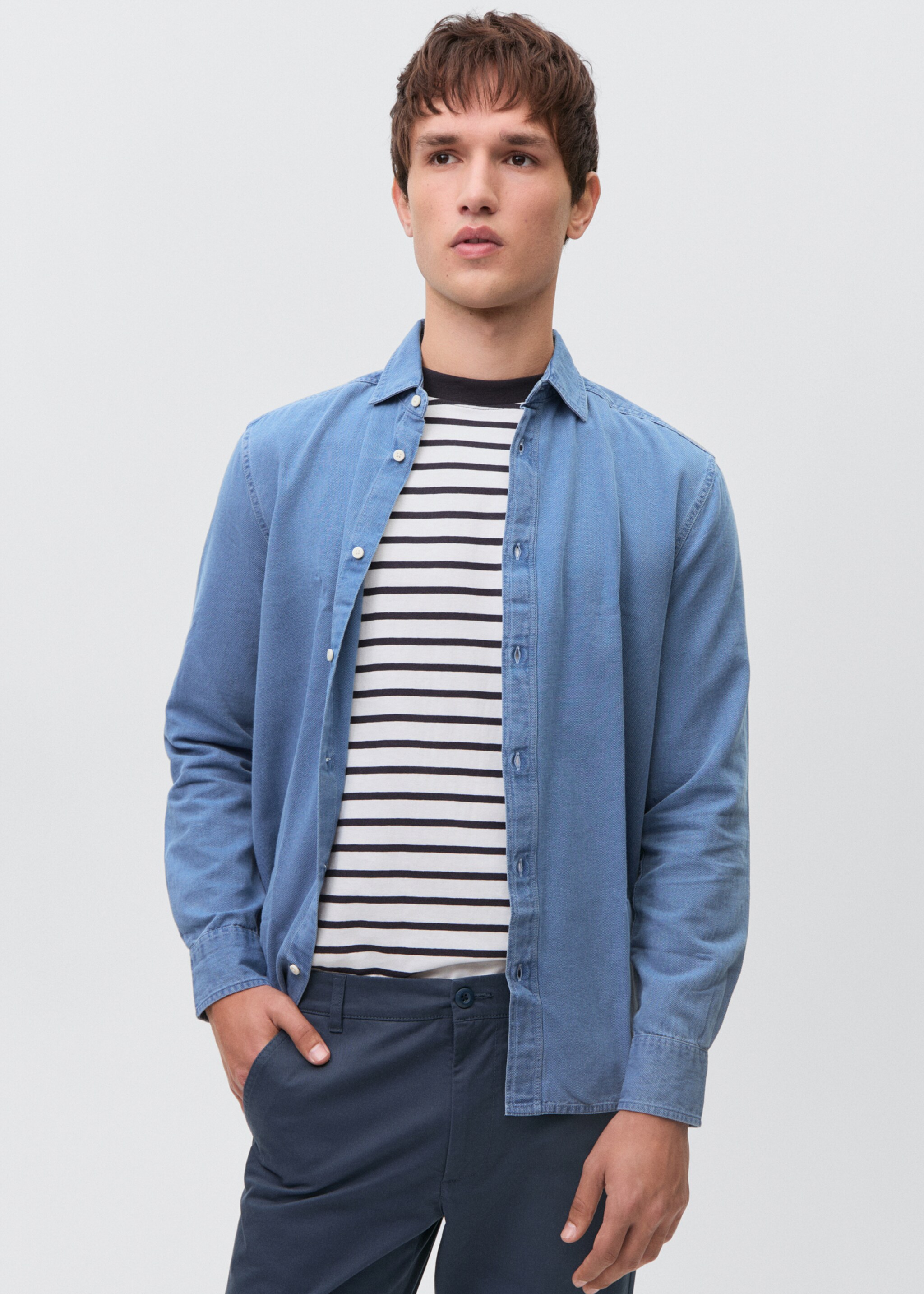 Pantalons xinesos cotó - Pla mig, Blau marí fosc. Ref: 87072541-00.