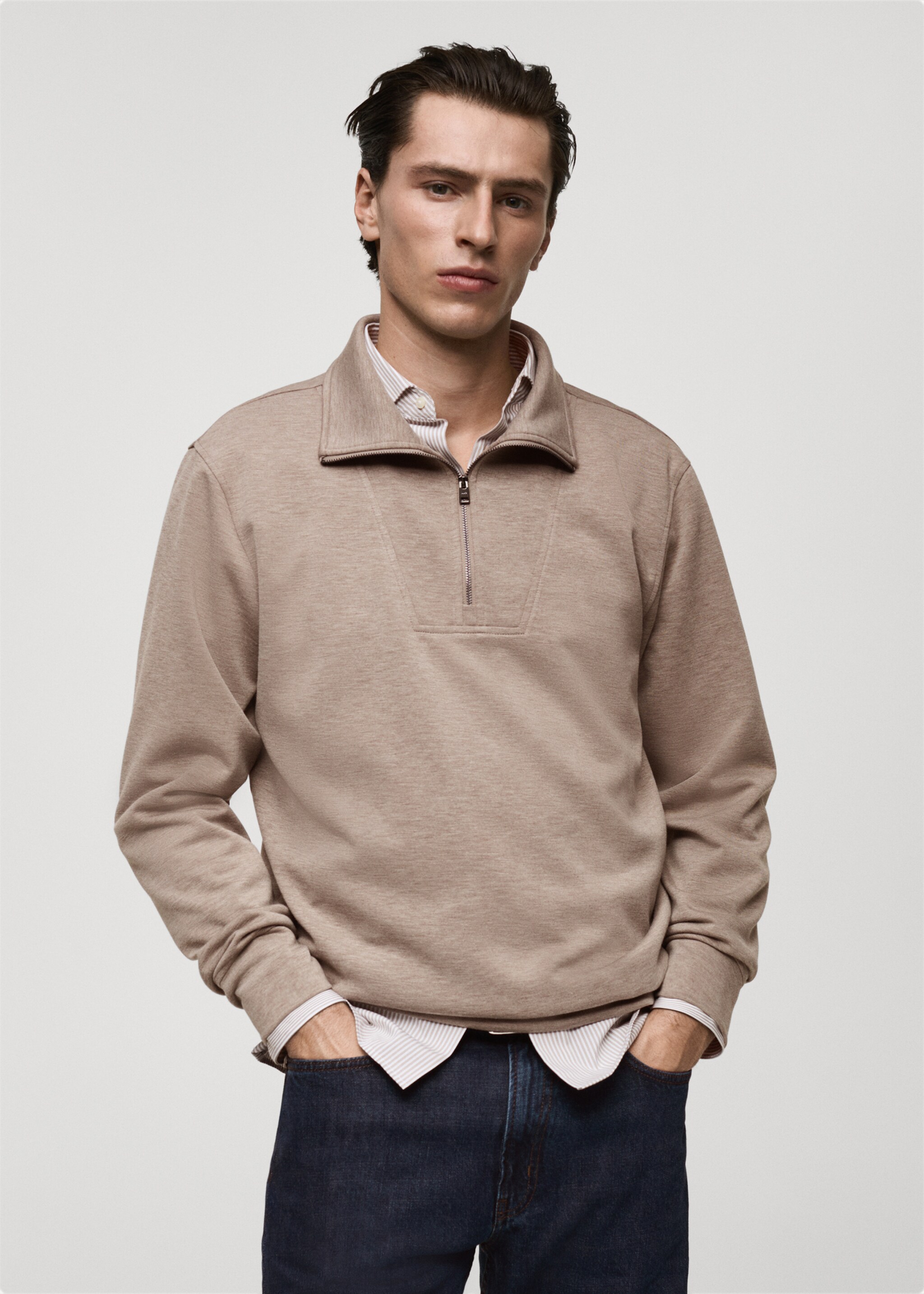 Regular-fit zip-neck sweatshirt - Medium plane, Mink Grey. Ref: 87072888-00.