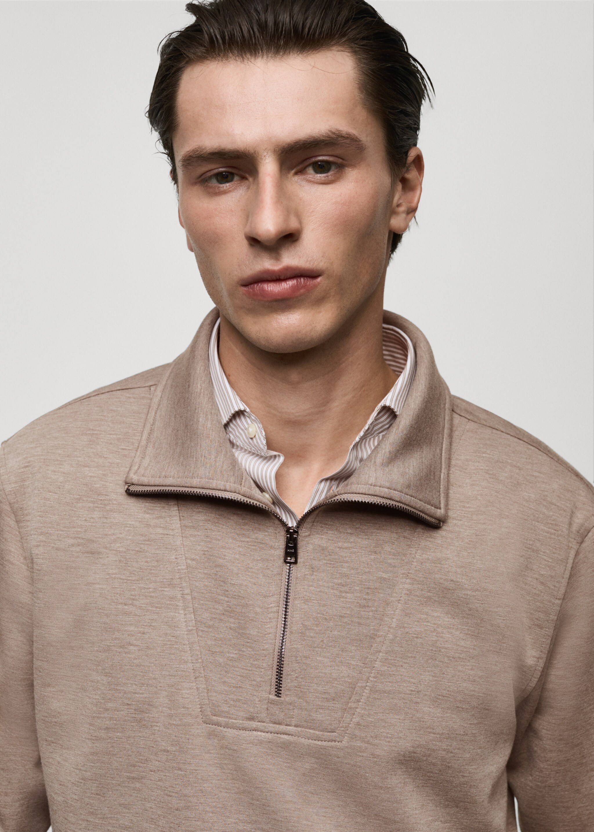 Regular-fit zip-neck sweatshirt - Details of the article 1, Mink Grey. Ref: 87072888-00.