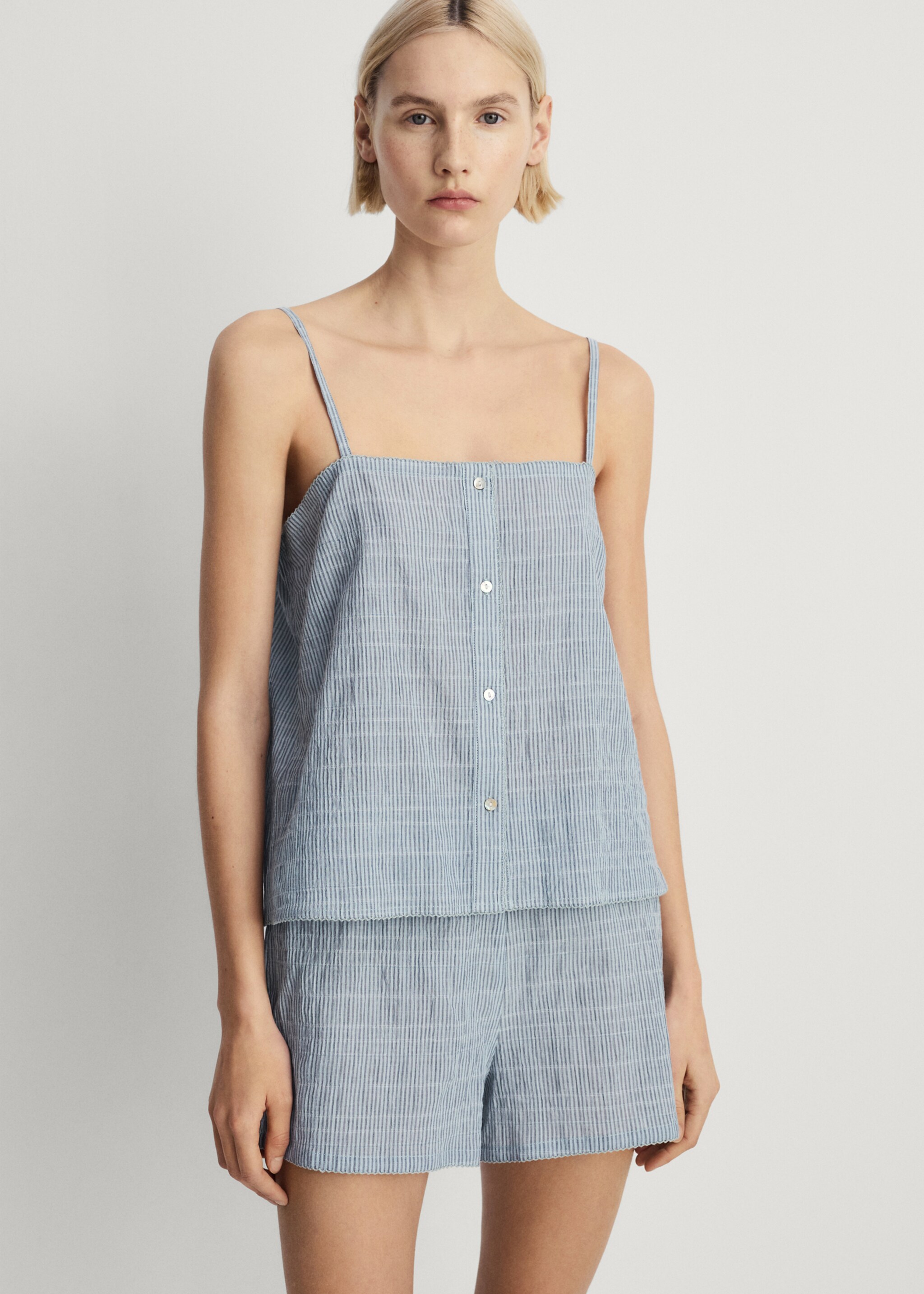 Two-piece cotton woven stripe seersucker pyjamas - Medium plane, Mint Green. Ref: 87072899-00.