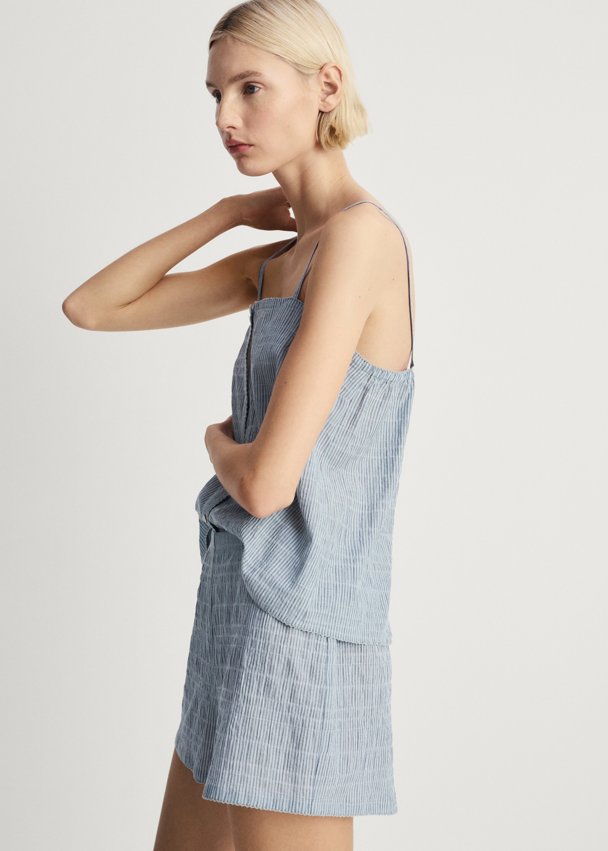 Two-piece cotton woven stripe seersucker pyjamas - Details of the article 6, Mint Green. Ref: 87072899-00.