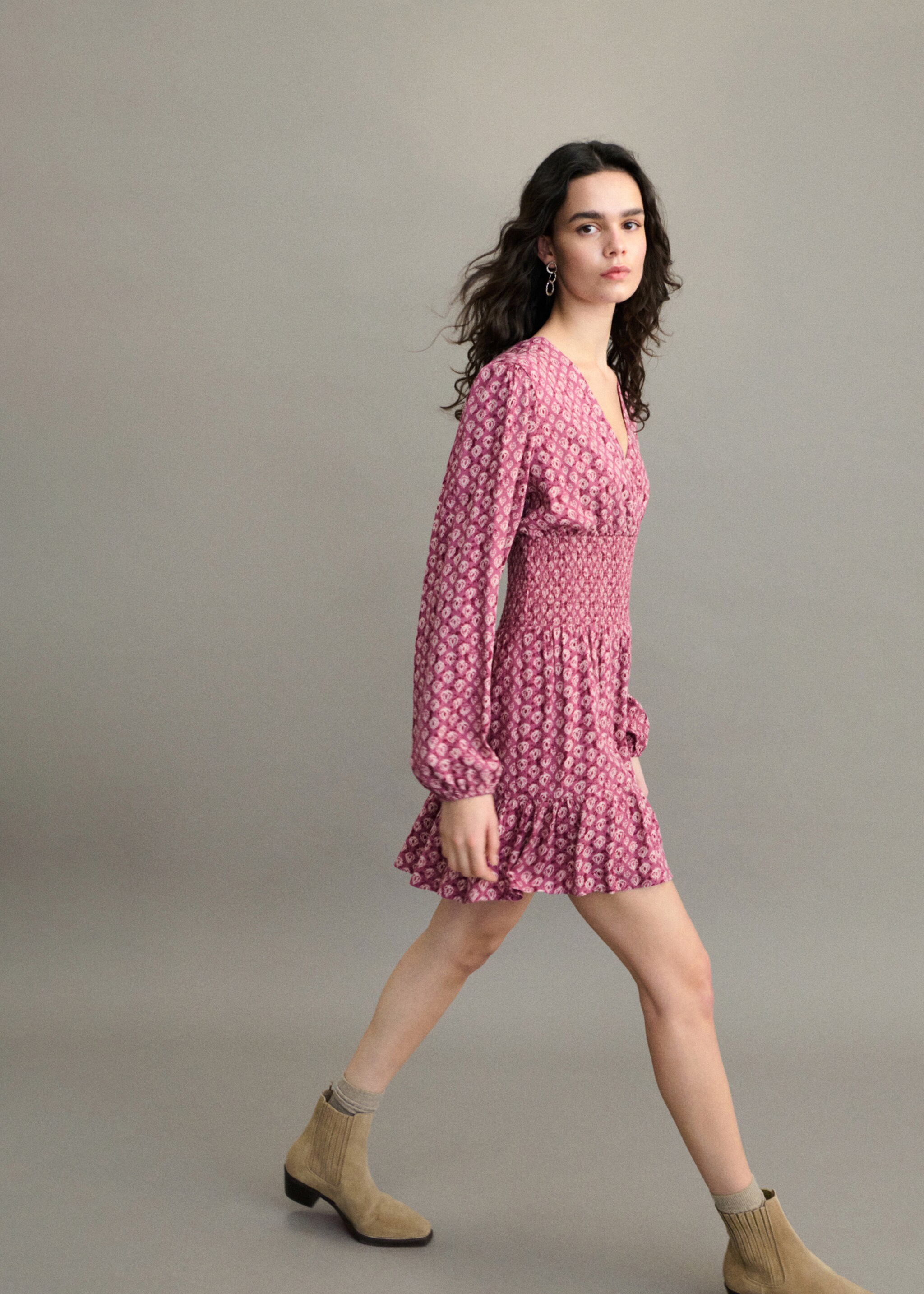 Printed short dress - Details of the article 5, Maroon. Ref: 87073278-00.