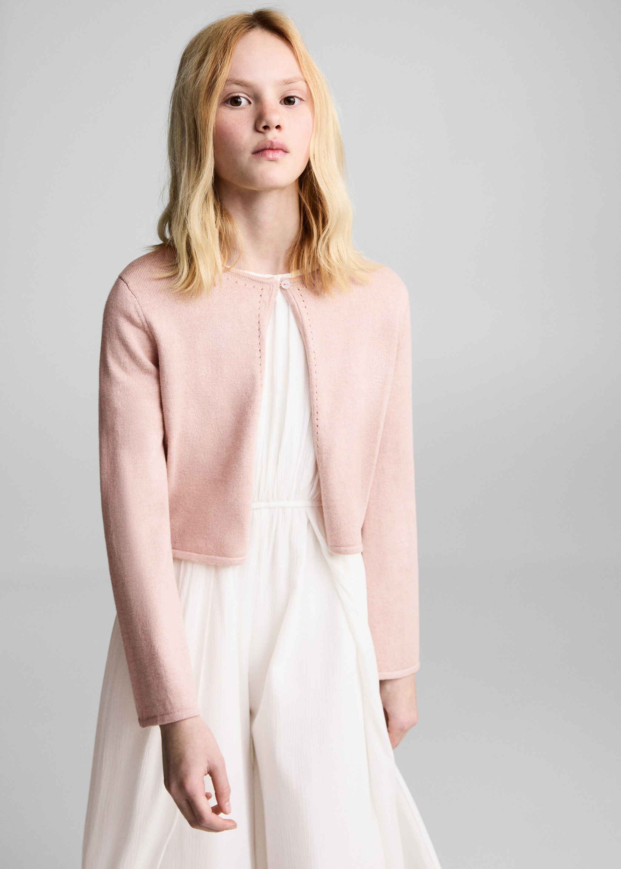 Fine-knit cotton cardigan - Medium plane, Pale Pink. Ref: 87073647-00.