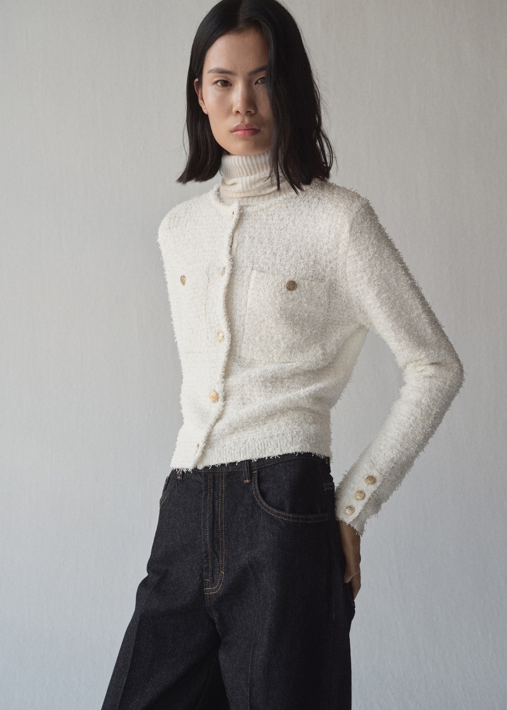 Tweed jacket with jewel buttons - Medium plane, Ecru. Ref: 87074076-00.