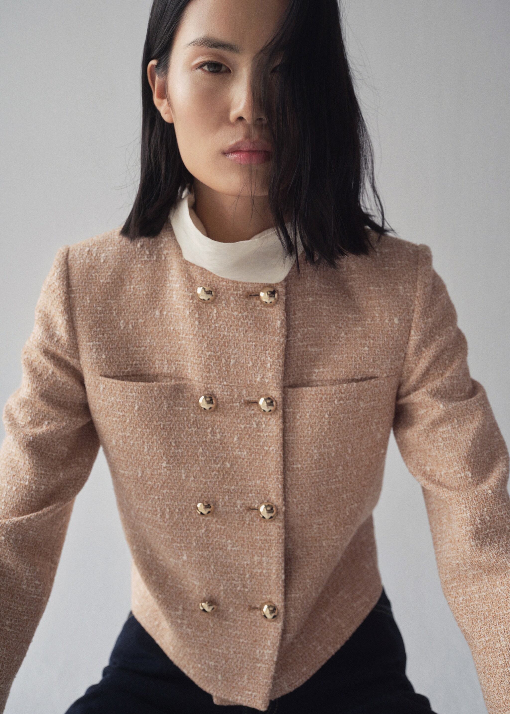 Double-breasted tweed jacket - Details of the article 2, Medium Brown. Ref: 87074093-00.